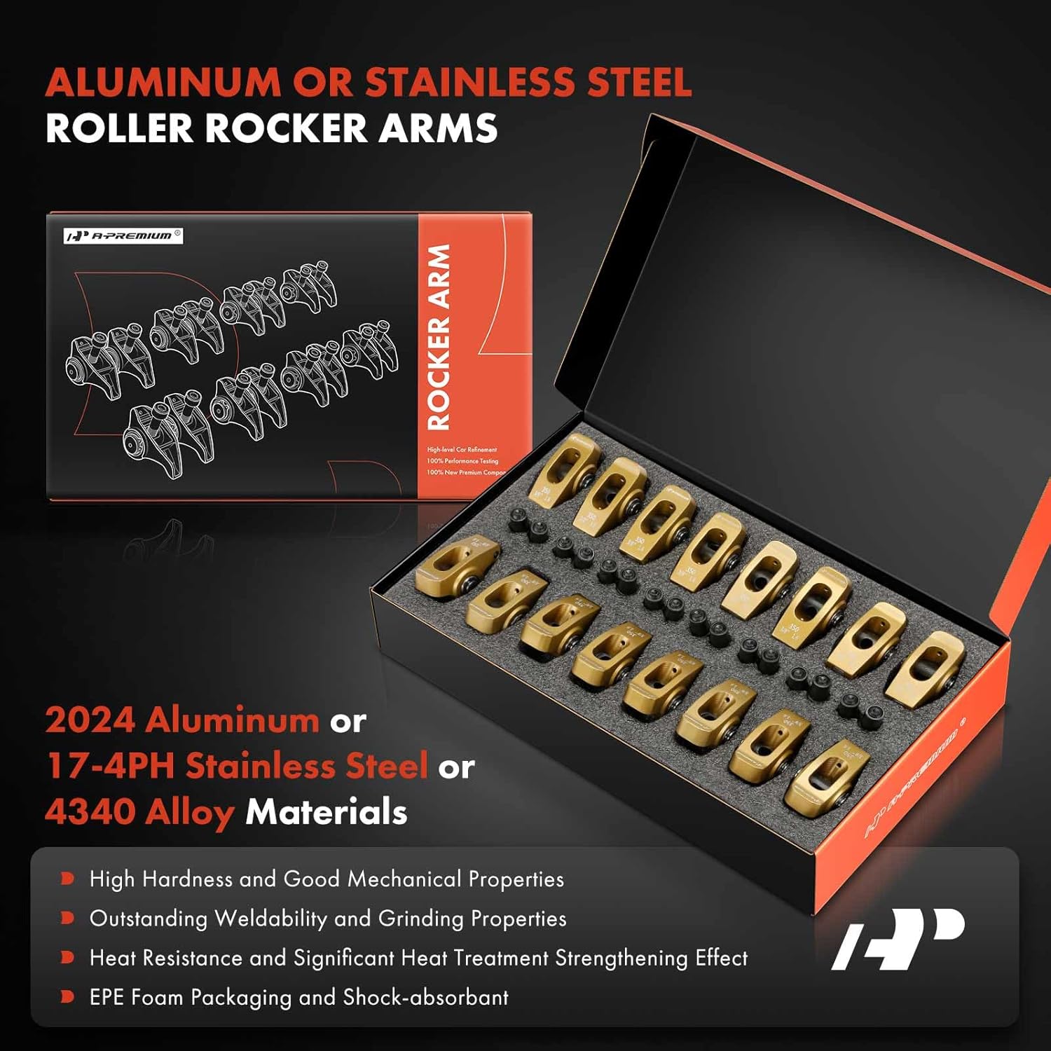 A-Premium 16Pcs Gold Aluminum Engine Roller Rocker Arms with Needle Bearings Compatible with Chevy SBC 350, 1.6 Ratio, 3/8" Studs