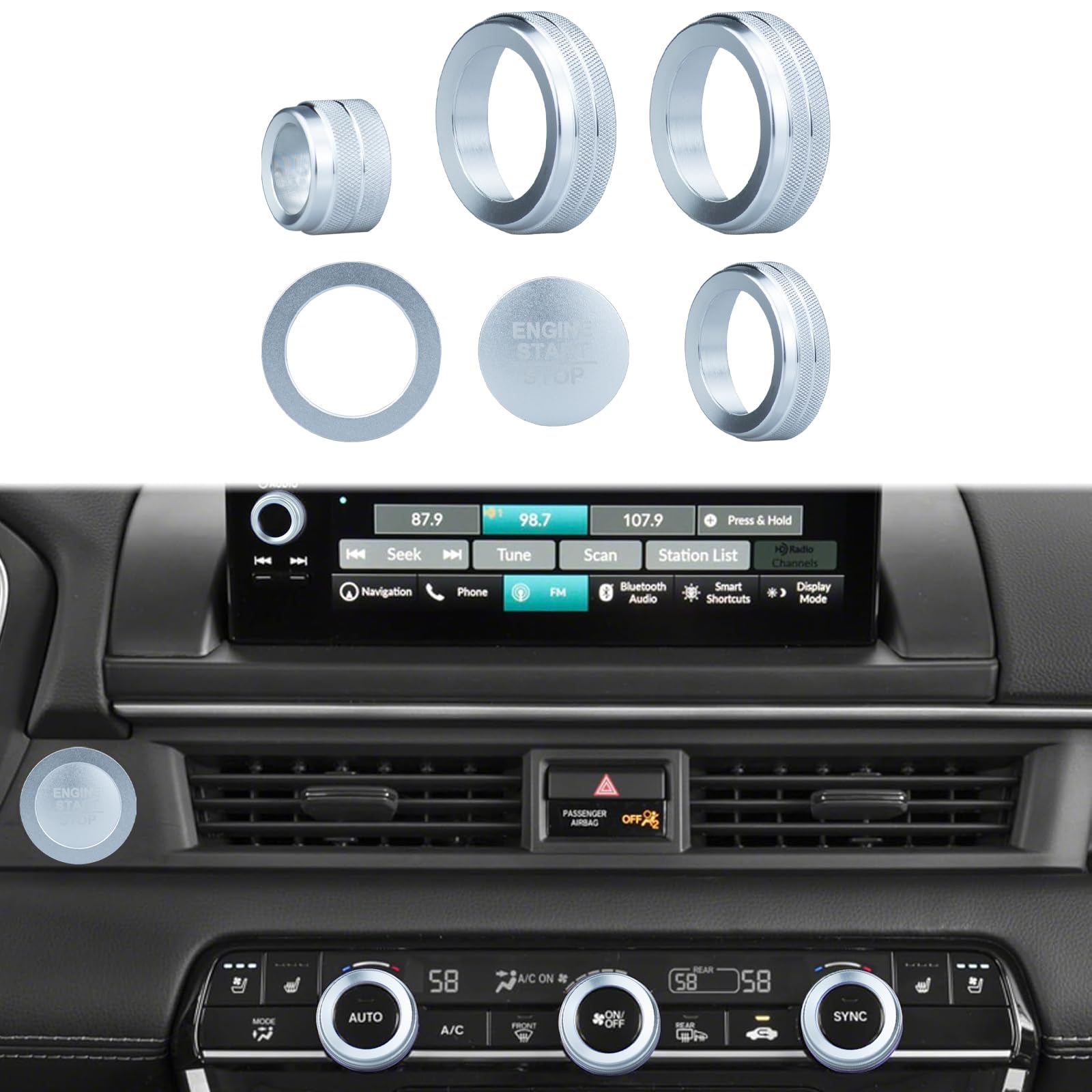 Suitable for Honda Pilot 2023 2024 2025 Air Conditioning Control Volume Knob Adjustment Knob Cover, Start Button Cover/Ring, Car Interior Trim 6 Pieces/Set (Silver)
