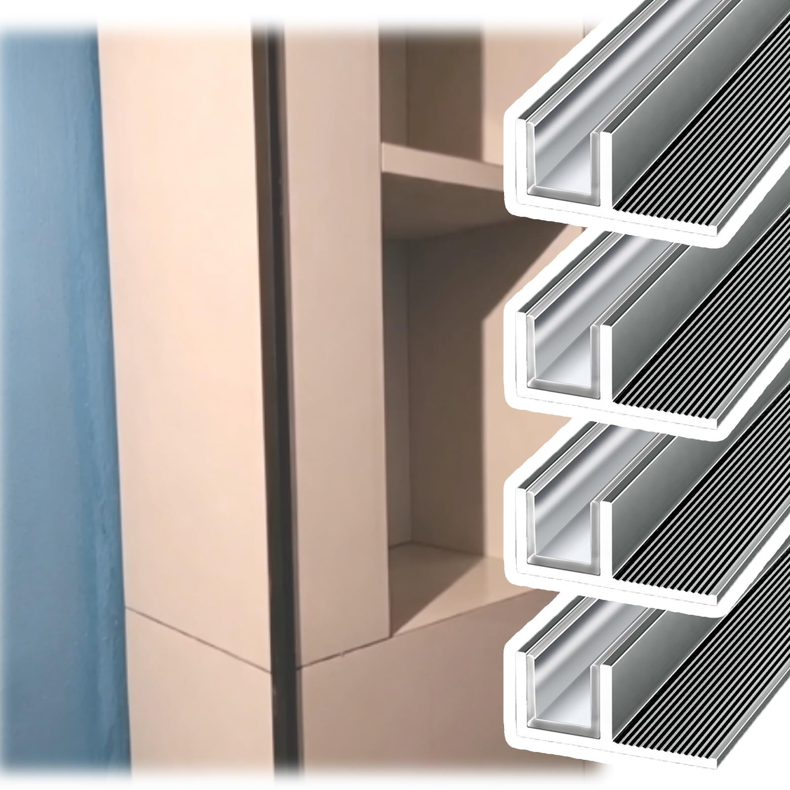 Djphofs 4Pcs Recessed Glass F-Channel Profile 1 2 4 Pack, Heavy-Duty Aluminum Alloy Fixed Channel, Waterproof F- Shower Door Custom Length(,L2.4m(94In) W10mm(25/64In))