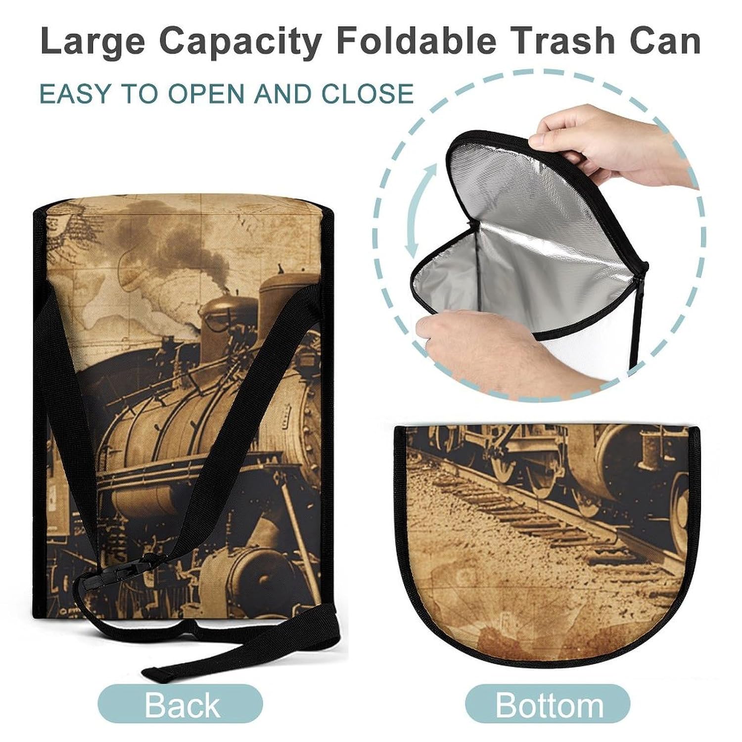 MUSM Leakproof Car Trash Can 2.5 Gallon, Durable Automotive Garbage Bag with Waterproof Liner, Vintage Steam Train Trash Bag for Car, Truck, RV & Bathroom