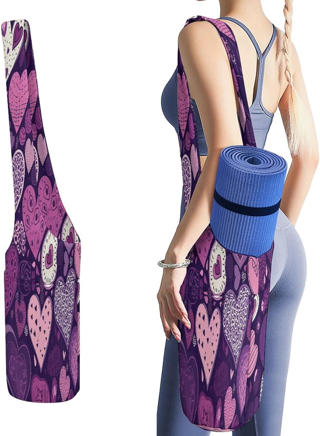 Purple Heart Shape Yoga Mat Bag Canvas Long Tote Yoga Mat with Water Bottle Pockets Large Travel Gym Bag Multi-Functional Fitness Storage Bag Carrier Holder Bag
