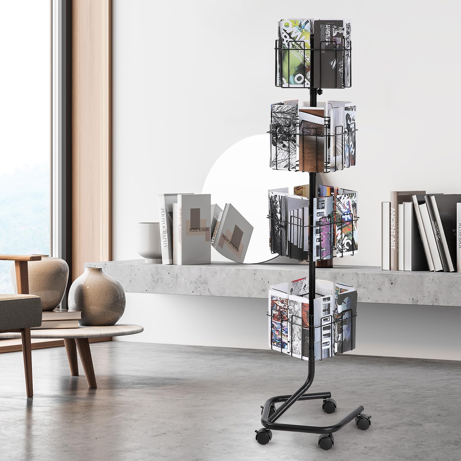 VEVOR Espositore Girevole per Riviste, Libri e Cartoline - 4 Livelli, 32 Tasche, Rotazione 360° con 5 Ruote (2 Bloccabili) per Negozi, Fiere, Uffici, Tabaccheria