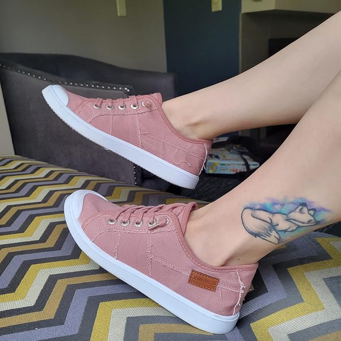 Pink Lace Up Canvas Sneakers - on feet