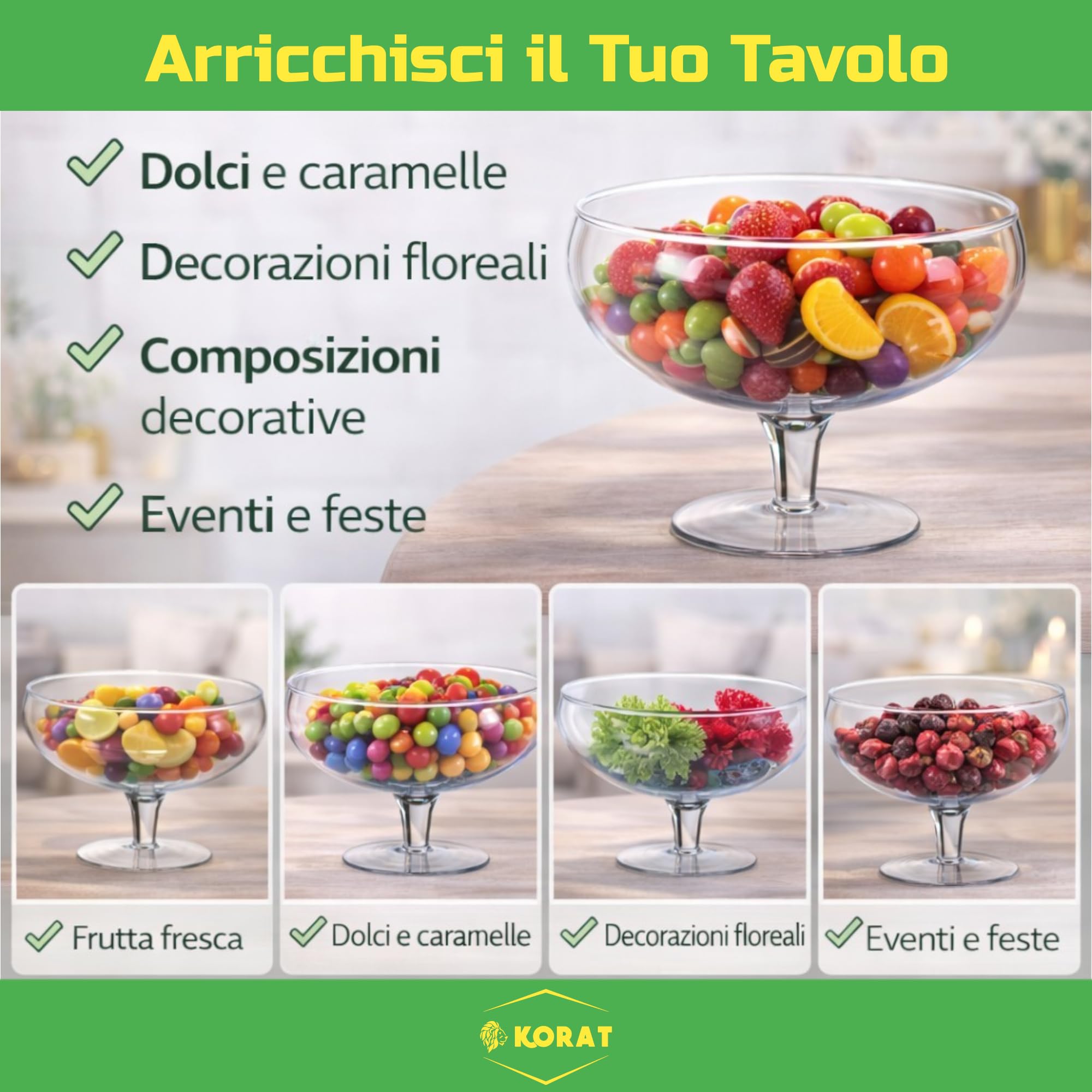 KORAT - Centrotavola in Vetro con Piede – Coppa Decorativa Trasparente per Frutta, Dolci, Confetti e Decorazioni – Alzata Elegante per Tavolo e Casa – Design Moderno 27 x 27 x 18 cm