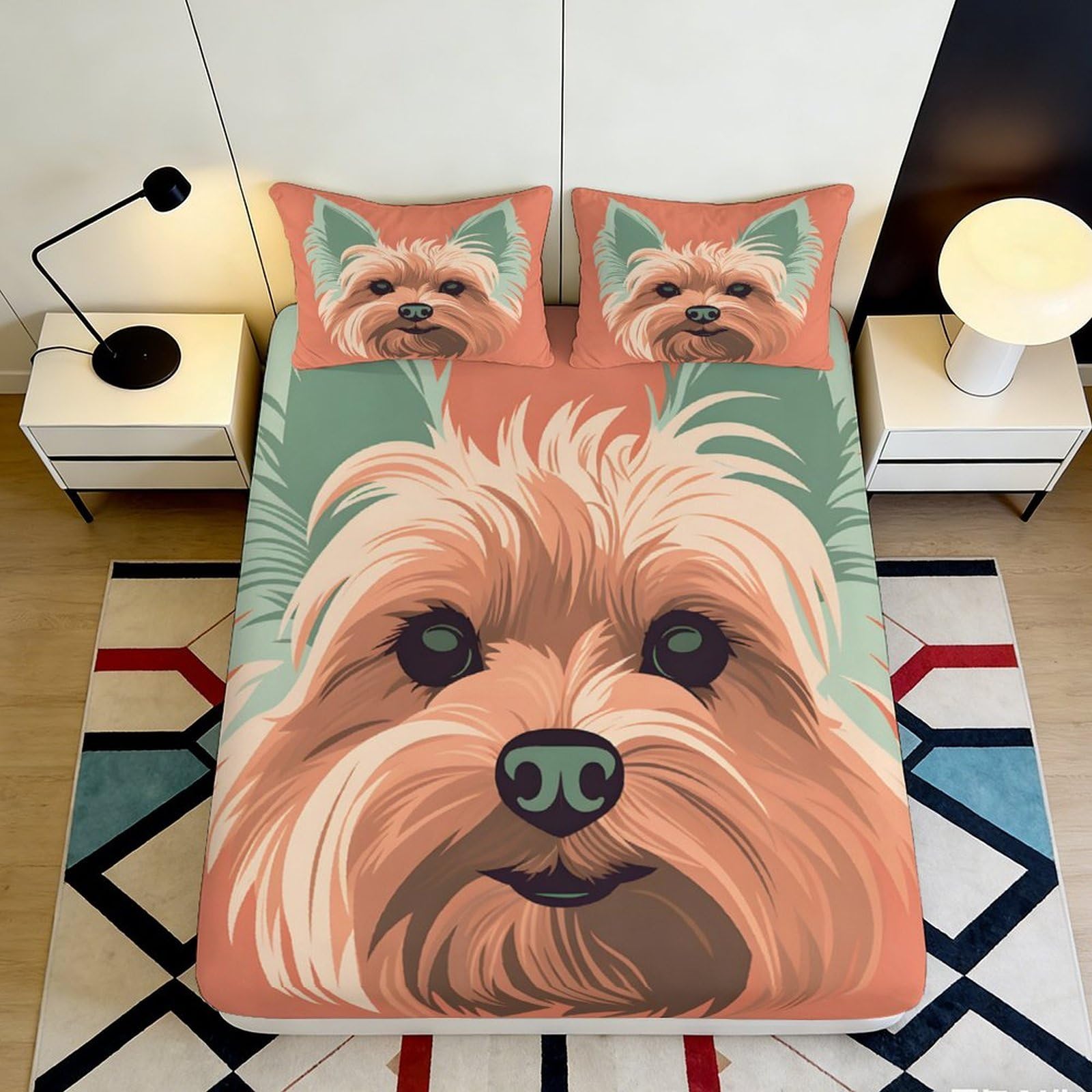 3D Printed Yorkshire Terrier Fitted Sheet Microfiber Soft Durable Dog Face Bed Cover for Bedroom Dormitory Guest Room Mattress Protection 120x200x25cm