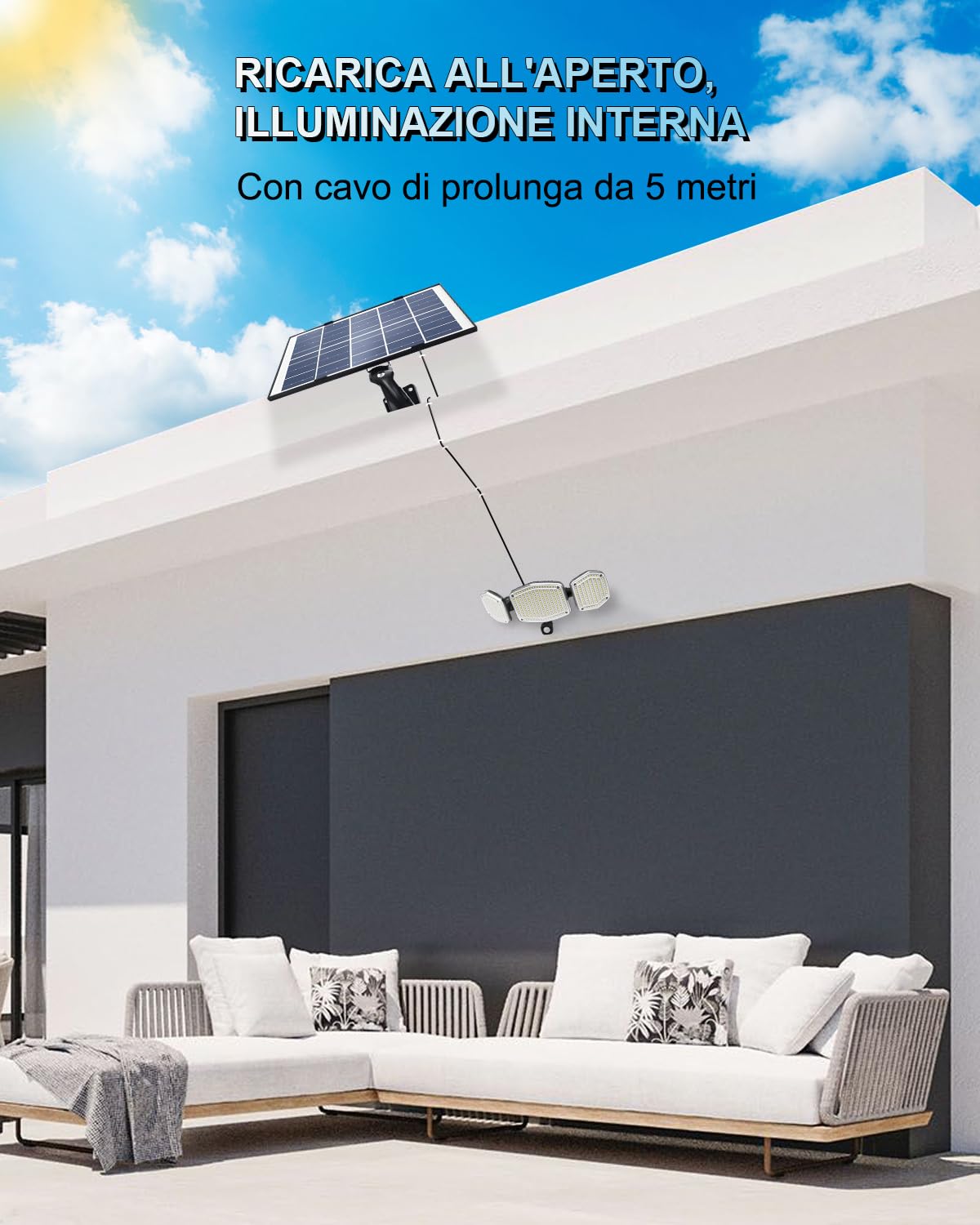 Lepwings Faretto Led da Esterno Solare con Cavo 5m, 426LED 2800LM Luci Solari con Sensore Movimento, 4400mAh Lampada Solare, 3 Modalità, IP65 Impermeabile, Adatto per Giardini, Garage, Vialetti