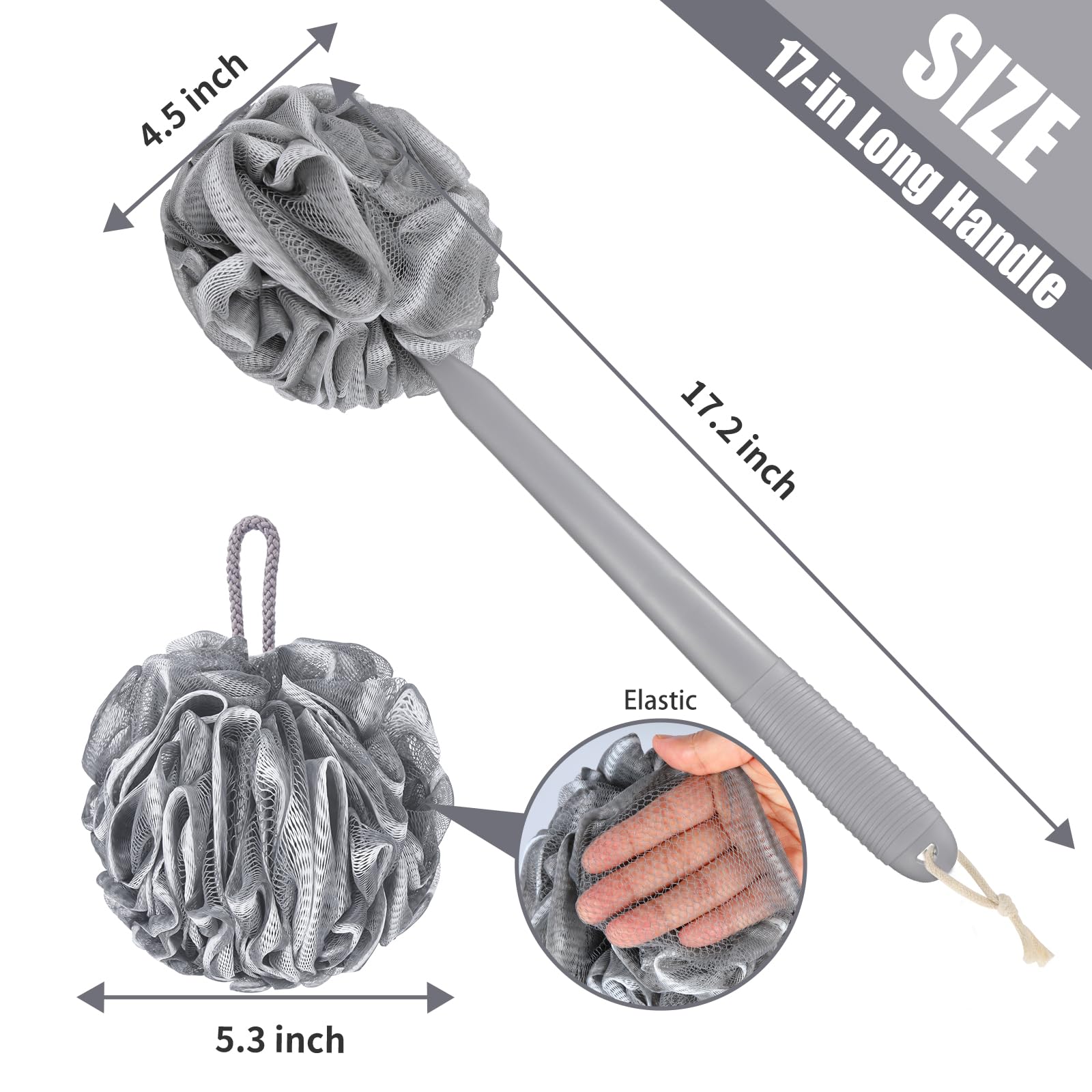 VANZAVANZU Set di Spugne di Luffa, Esfoliante Corpo, Manico di Plastica Antiscivolo da 17" con Spugna da Doccia Soffice, Spugne da Doccia in Morbida Rete PE-Grigio con bordo bianco