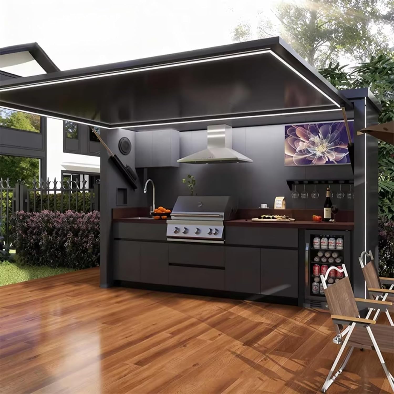 Outdoor Kitchens with Shed Mobile Weatherproof Stainless Steel Modular Outdoor Kitchen Pod for BBQ Patio Party Gathering