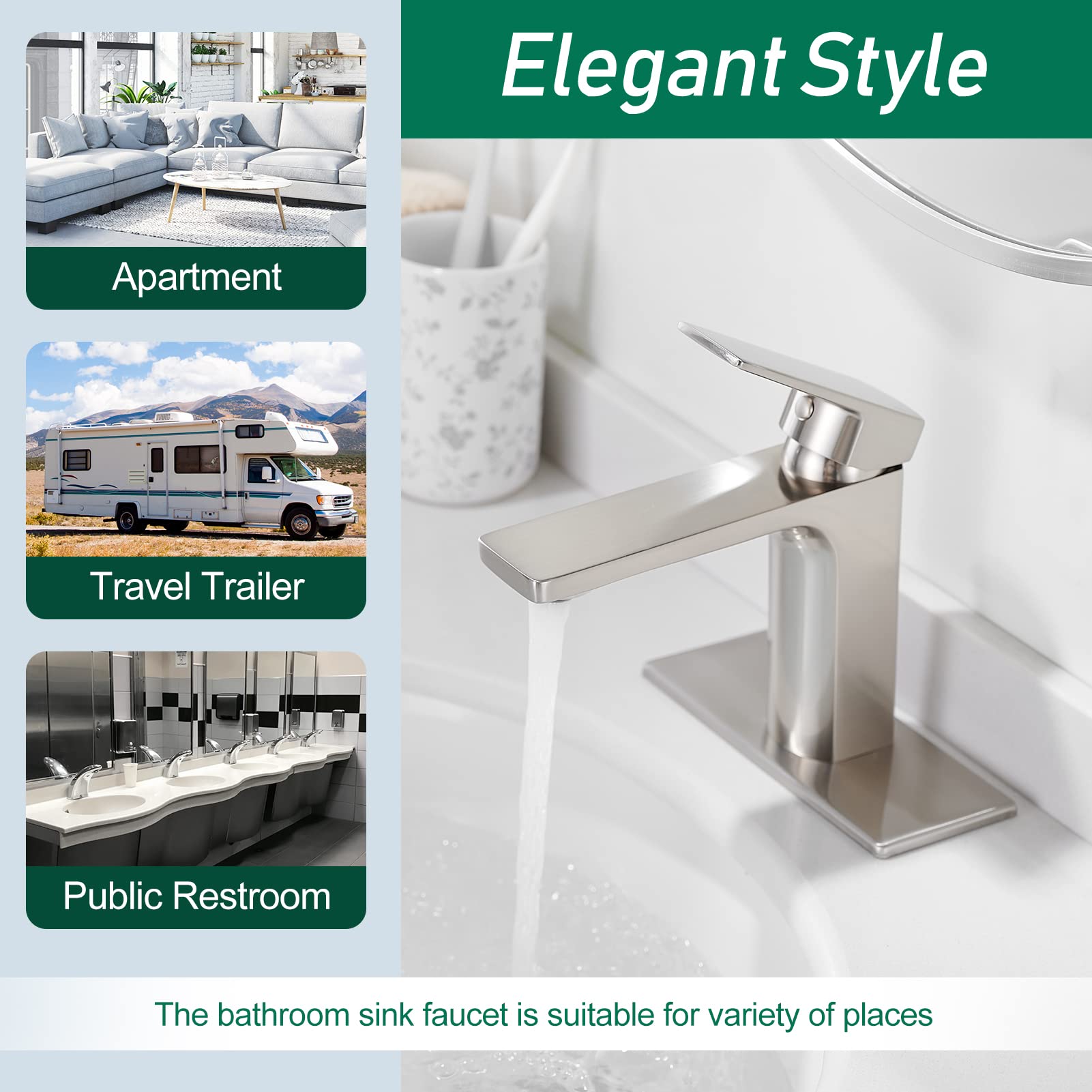Brushed Nickel Bathroom Faucet Single Handle Bathroom Faucet 1 or 3 Hole Bathroom Sink Faucet with Deck Plate RV Bathroom Faucet 1.2 GPM