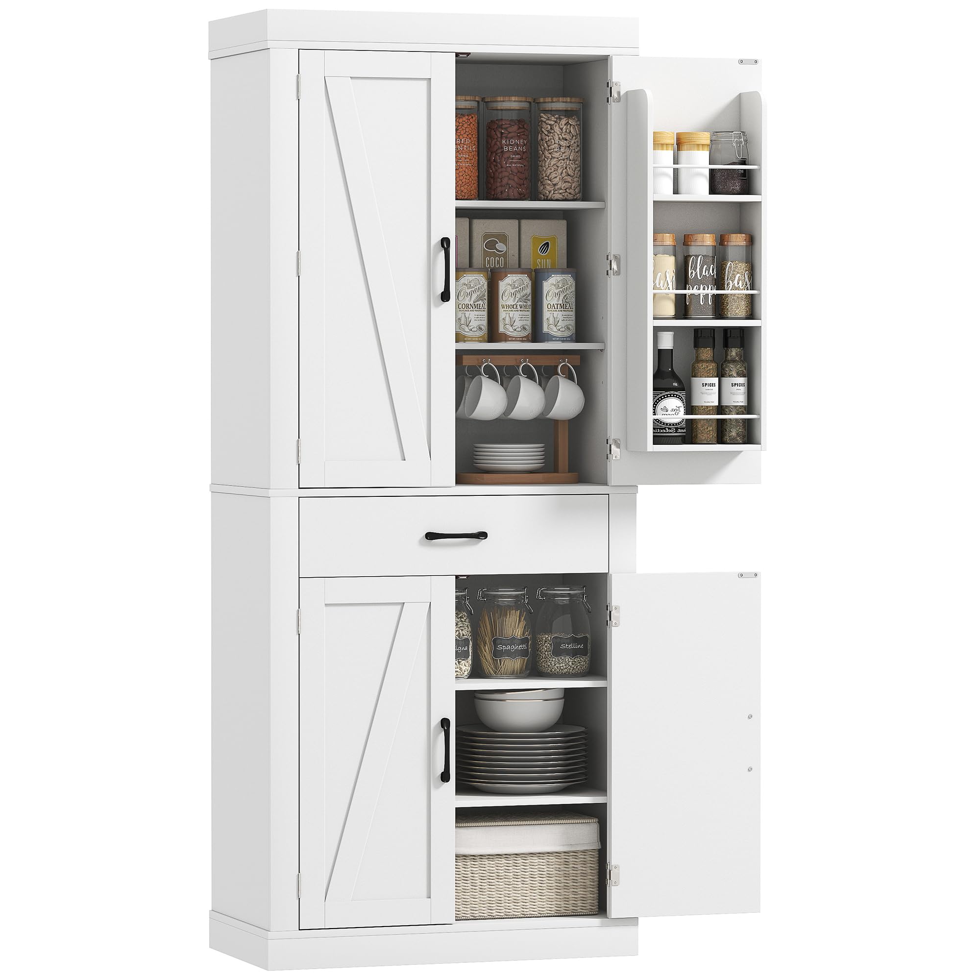 HOMCOM Credenza Cucina Alta 183.5 cm con 6 Portaspezie sulla Porta Bianco | 4 Ante a Fienile e Cassetto, Mobile Dispensa Rustico, Ripiani Regolabili, per Sala da Pranzo, Soggiorno