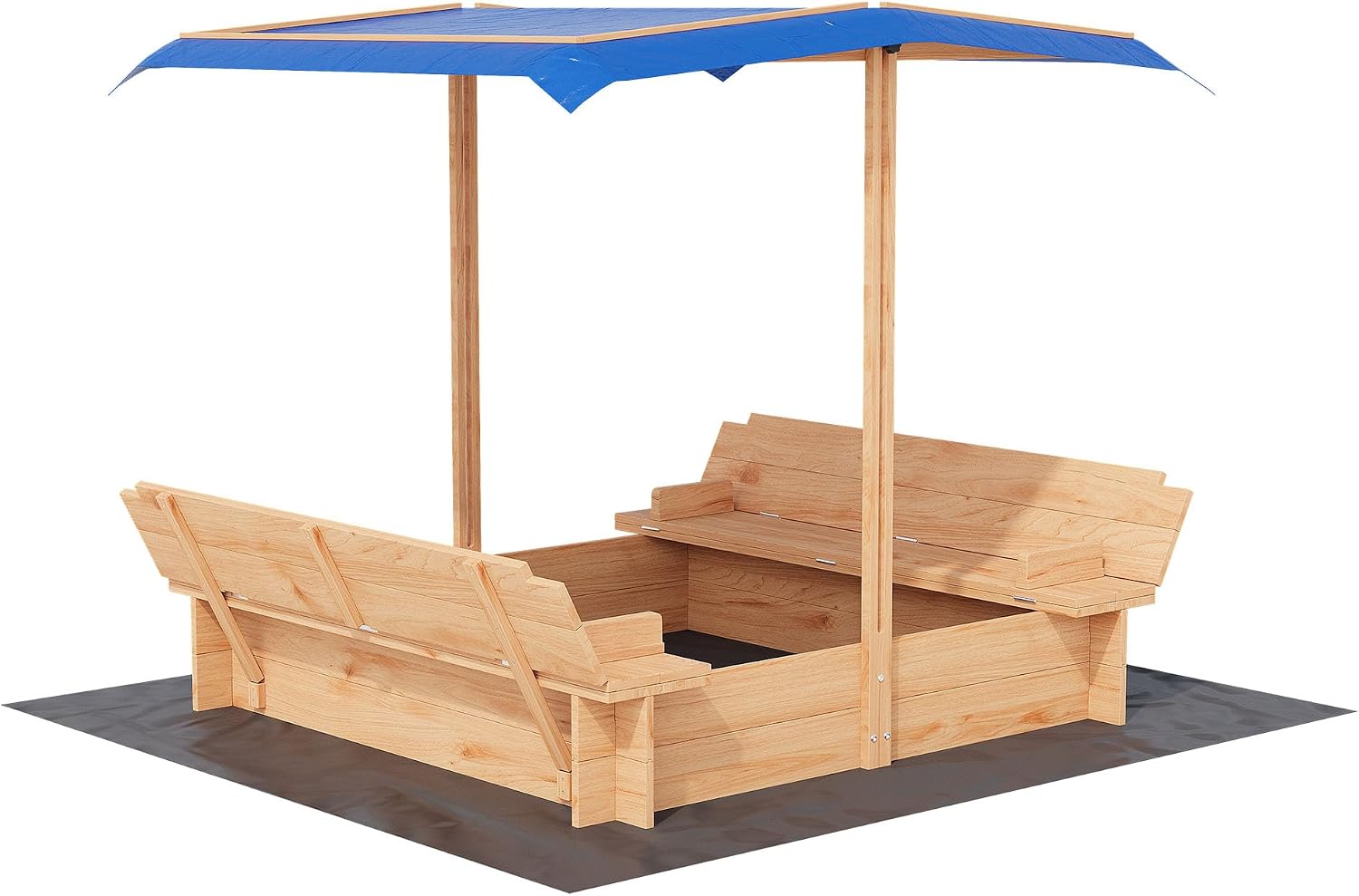 47x47 Wooden Sandbox with Adjustable Canopy and Lid, Outdoor Kids Sand Box with 2 Foldable Bench Seats, Rotatable Shade & Bottom Liner, Solid Fir Wood Sand Pit for Backyard, Patio, Ages 3-8