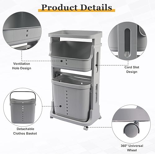 Miniatura 2 de LOFT LIVING Cestas de ropa sucia con ruedas y asa color blanco alto portátil con 1 canasta grande extraíble