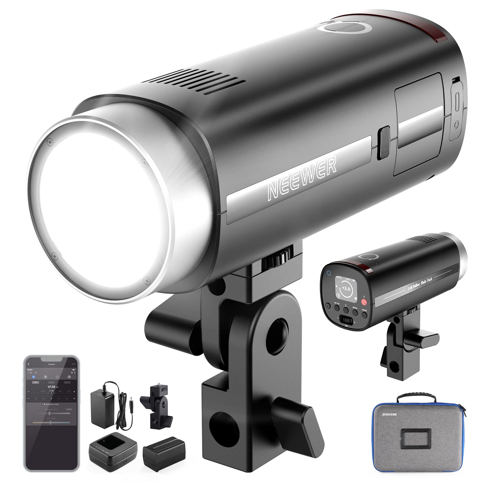 NEEWER 200Ws 2.4G TTL Outdoor Strobe Flash Compatible with Godox, 1/8000s HSS Portable Studio Photography Monolight with Modeling Light/3200mAh Battery/750 Flashes/1.5s Recycle, Q200