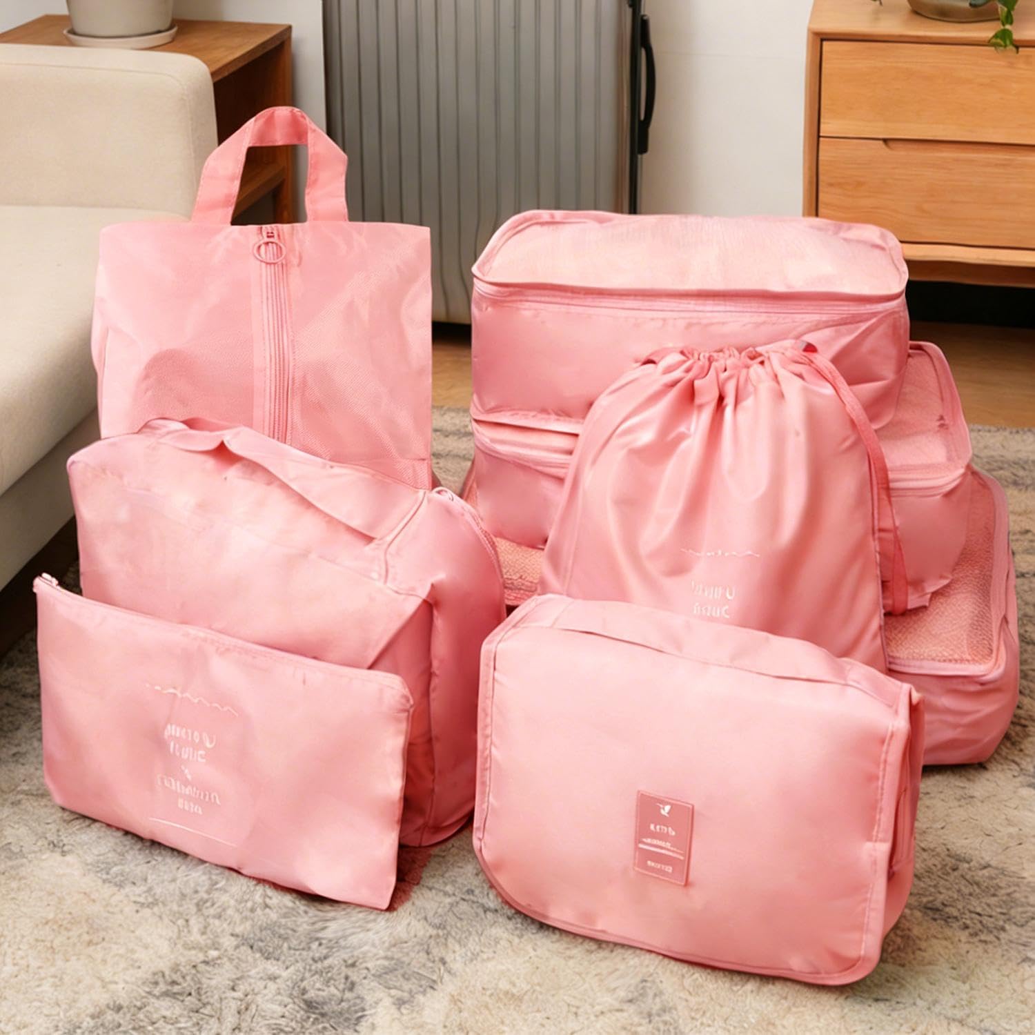 8Pcs/Set Travel Luggage Bag, Waterproof Toiletries Organizer, Women Bathroom Wash Pouch Hook, Makeup Storage Bags (Pink)