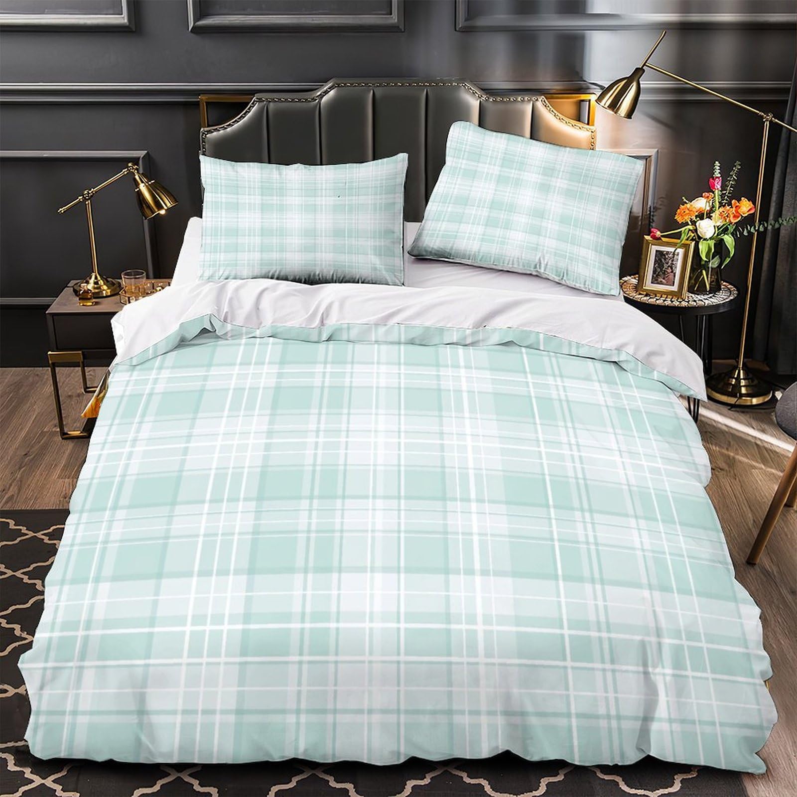 Housse de Couette Microfibre Anti-Acarien Lit Simple à Carreaux