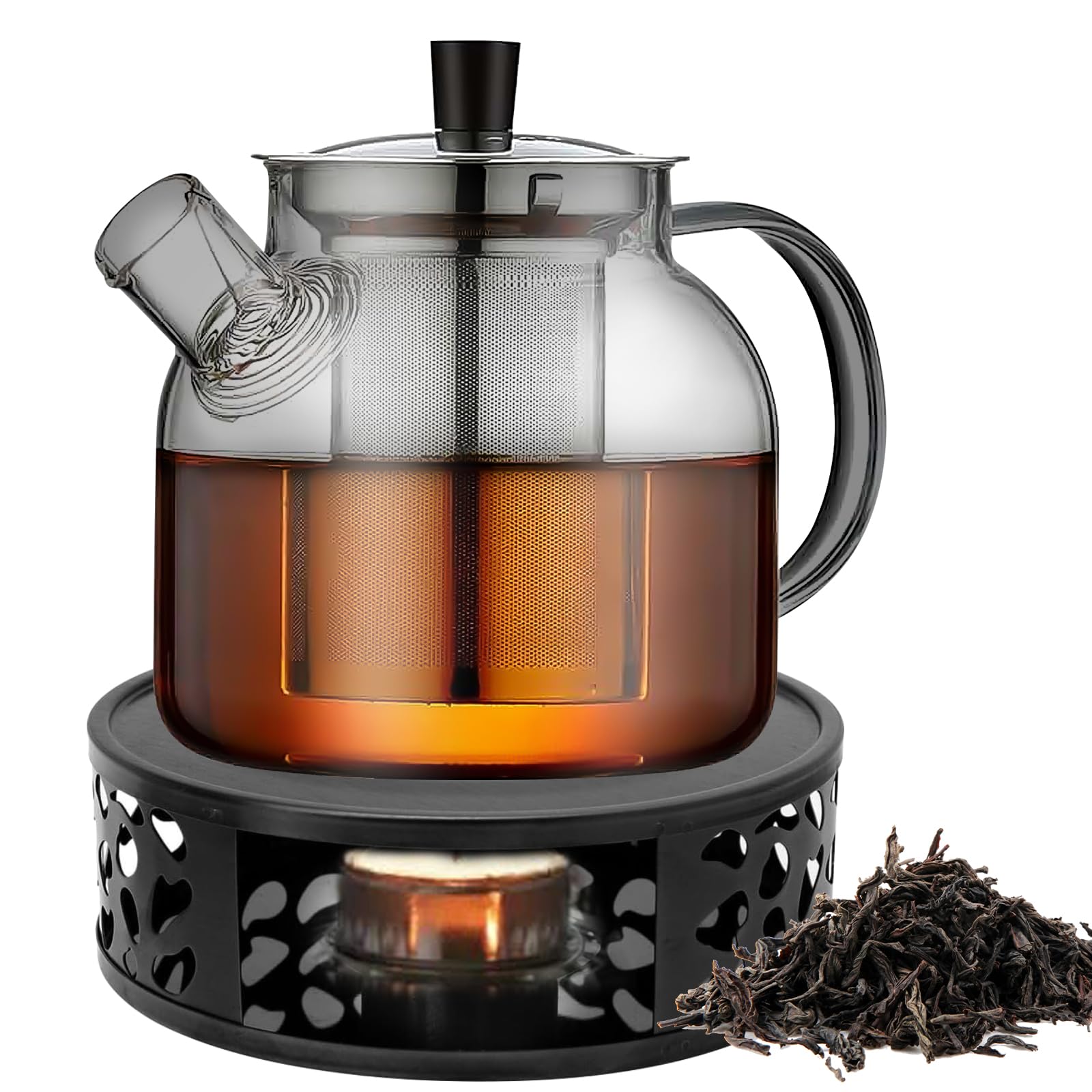 Teekanne mit Siebeinsatz, 1500ml Teekanne mit Stövchen, Schwarz Glas Teebereiter, Glaskanne mit Sieb, Tee Kanne aus Borosilikatglas, für Losen Tee, Teebeutel, Teapot für Alle Teesorten Küche, Haushalt & Wohnen