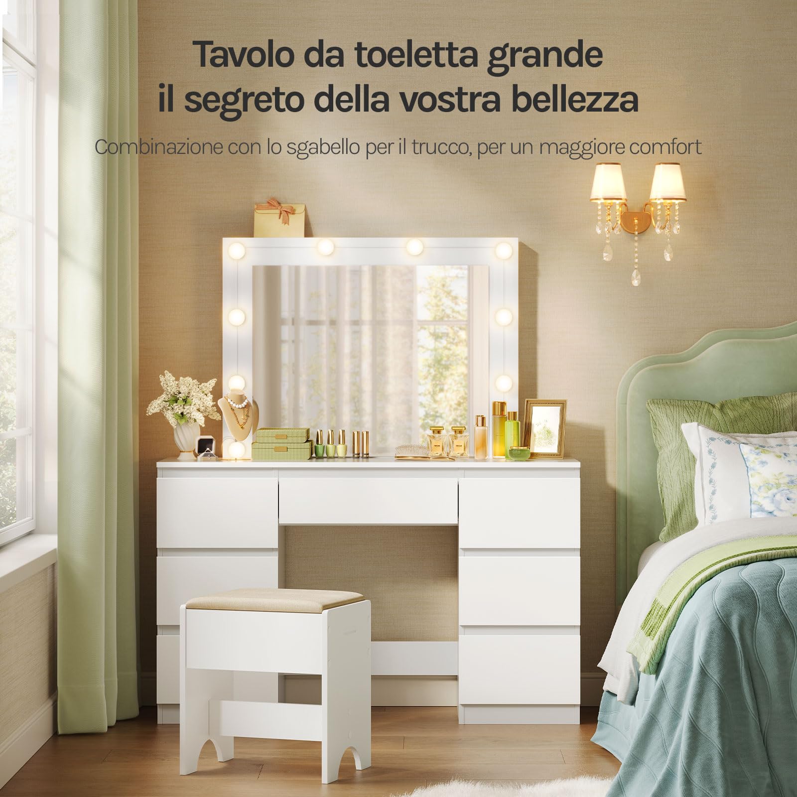 WOLTU Toeletta da Trucco, con Specchio e Luci LED, Luminosità Regolabile, Tavolo da Trucco, con 7 Cassetti, Postazione Make Up, 107x39,5x140,5cm, Cassettiera in Legno, Bianco, MB6099ws