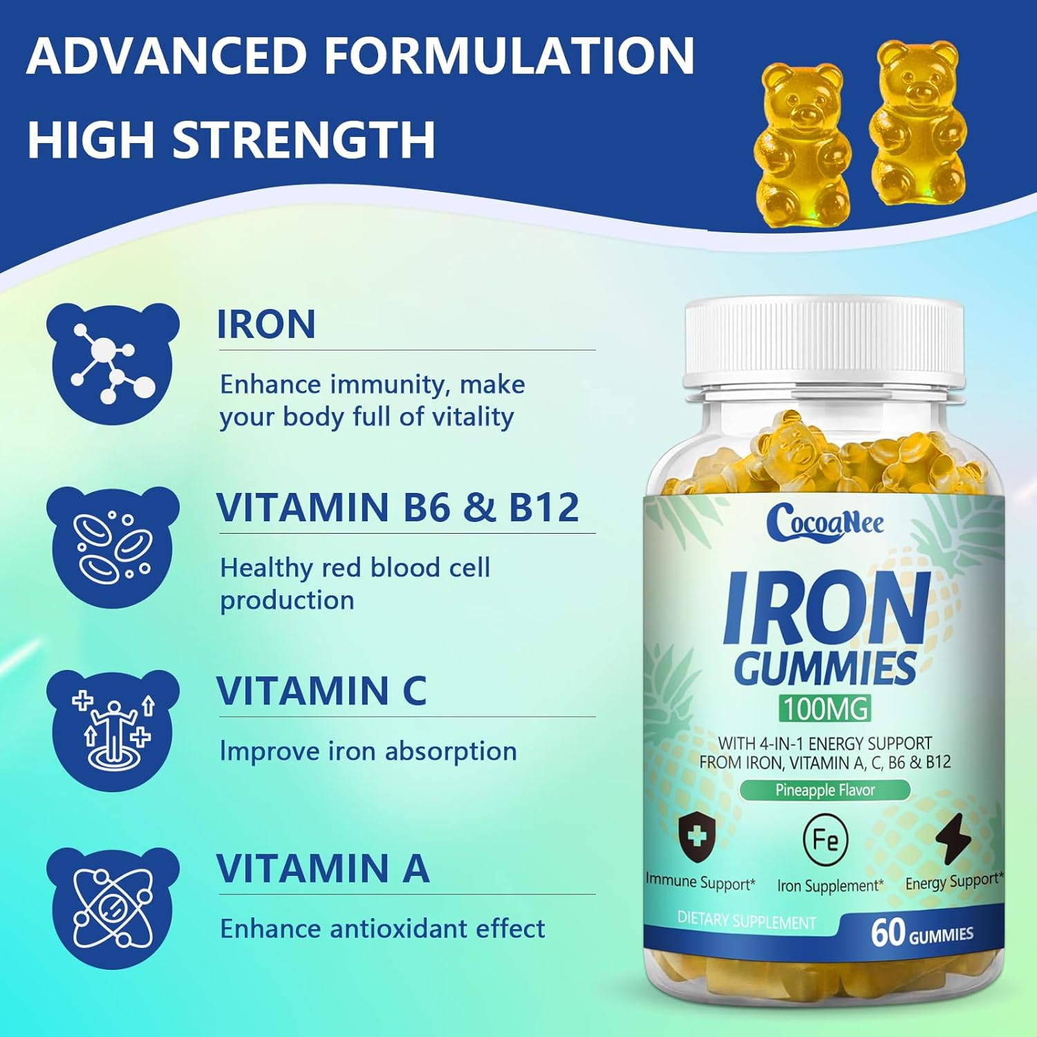 2 Pack 100MG Iron Supplements Gummies for Women & Men - Vitamin C, A, B12 - Complex, Improve Absorption, Energy Boost, Iron Deficiency, Anemia for Adults & Kids - Complex Folate, Zinc, 120Cts