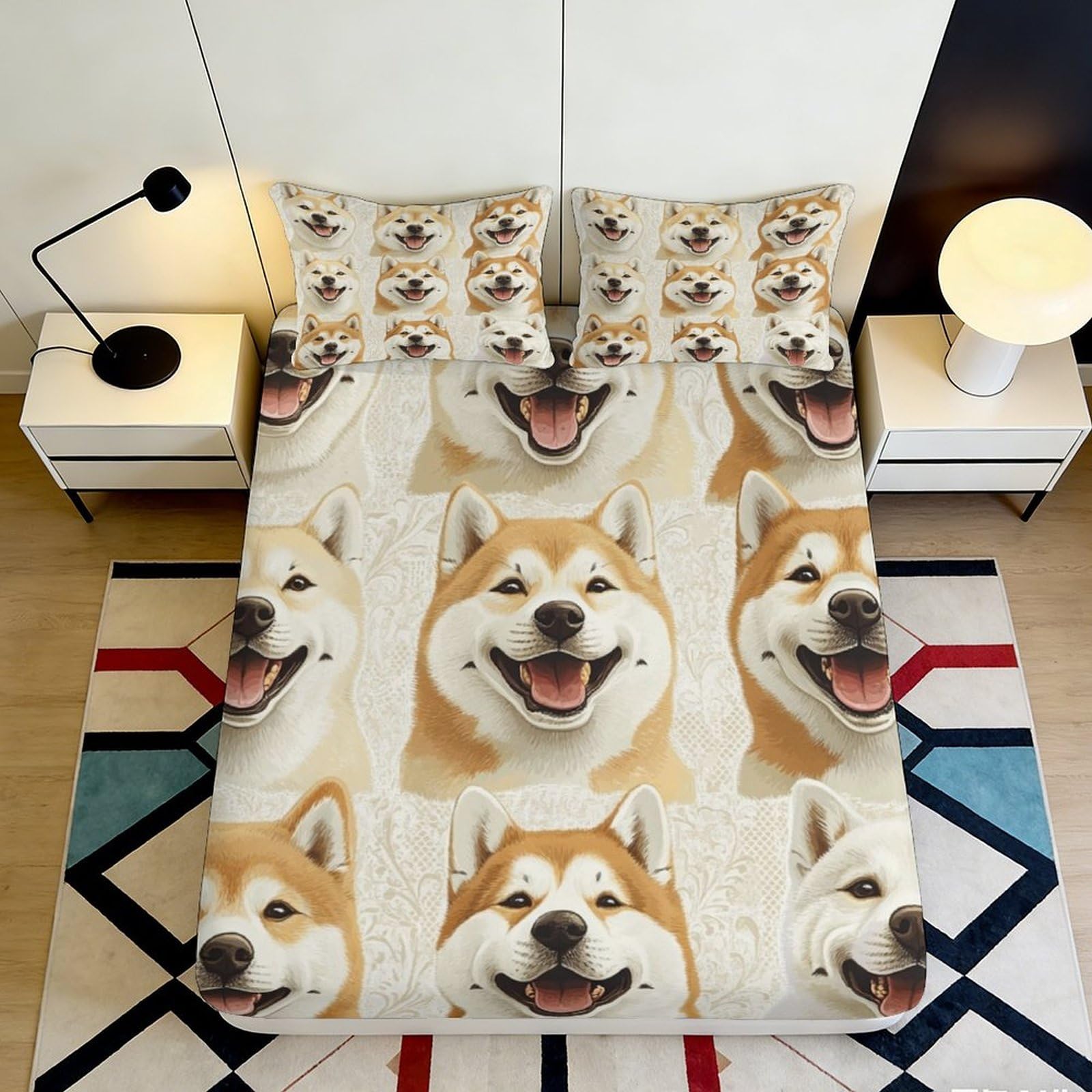 3D Printed Shiba Inu Dog Fitted Sheet Microfiber Soft Anti-Slip Cute Cartoon Mattress Cover for Bedroom Dorm Decor 90x200x25cm