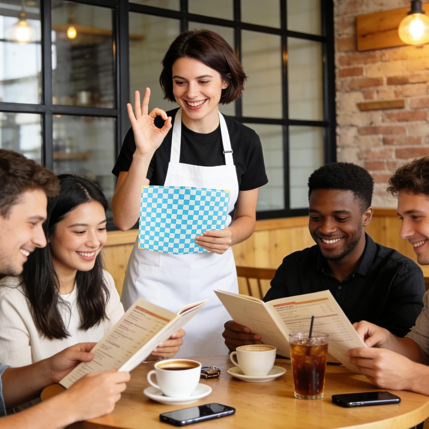 Large PU Leather Waitress Server Book, Retro Checkerboard Check Holder Organizer with Zipper Pockets, Pen Holder & Apron Loop thumbnail