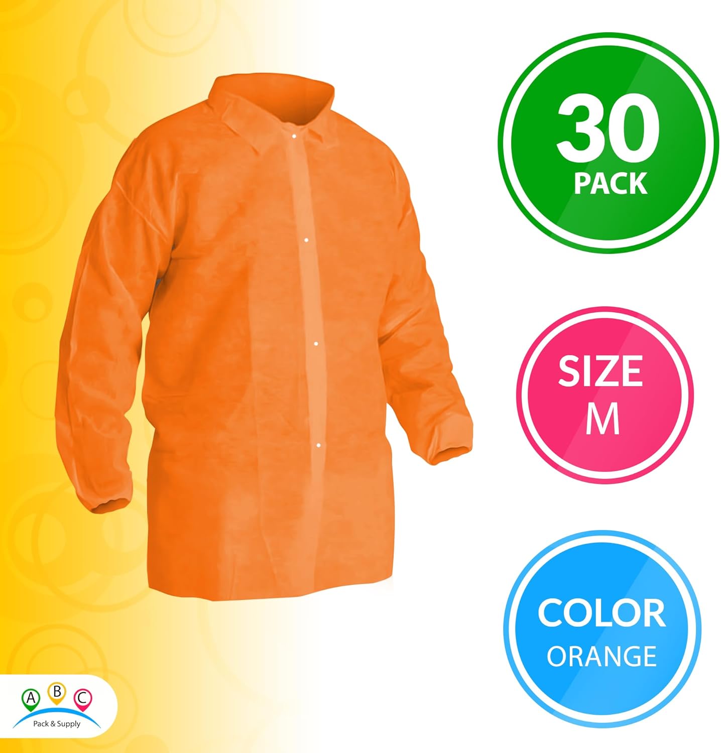 ABC Orange Disposable Lab Jackets for Adults, Medium. Pack of 30 Polypropylene Disposable Jacket Lab Coat with Elastic Wrists, Snap Front, Collar. Durable Lightweight Disposable Medical Jackets - Image 2