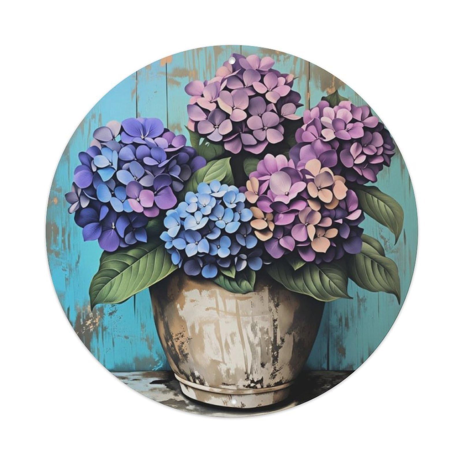 Vintage Hydrangea Flower Bucket Round Wall Sign Vintage Aluminium Metal Sign, Retro Wall Decor for Home, Bar, Garage & Farmhouse 20x20cm