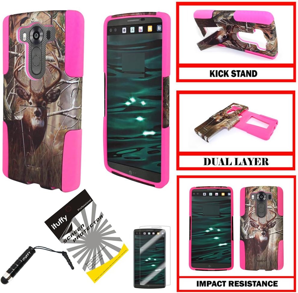 For LG V10 ITUFFY 3items: Screen Film+Stylus Pen+Dual Layer Impact Resistance Plastic Cover Soft Rubber KickStand Hybrid Case (Tree Deer Camouflage - Hot Pink)