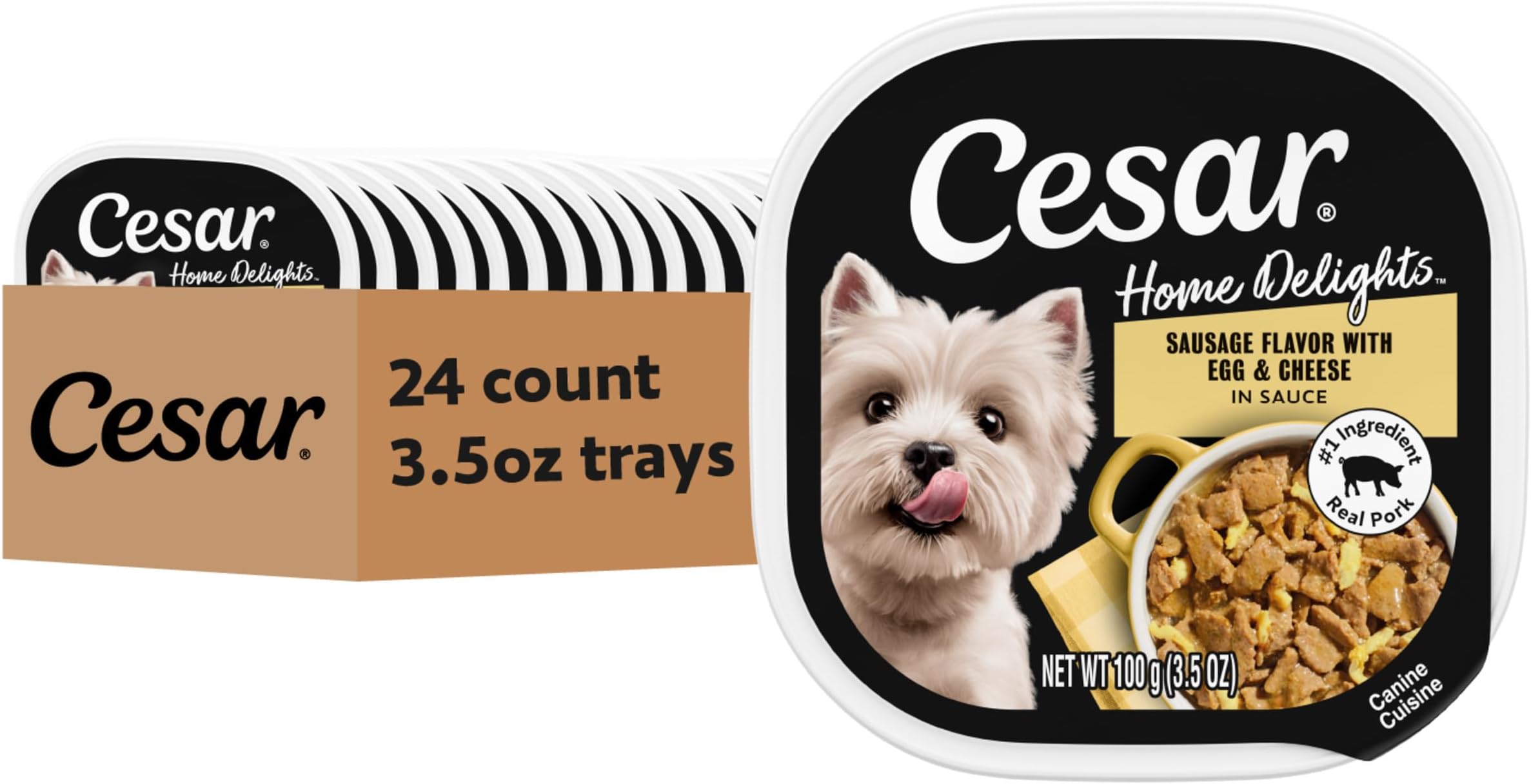 Home Delights Adult Wet Dog Food Sausage Flavor with Egg & Cheese in Sauce, 3.5 oz. Easy Peel Dog Food Tray, 24 Count (Pack of 1)