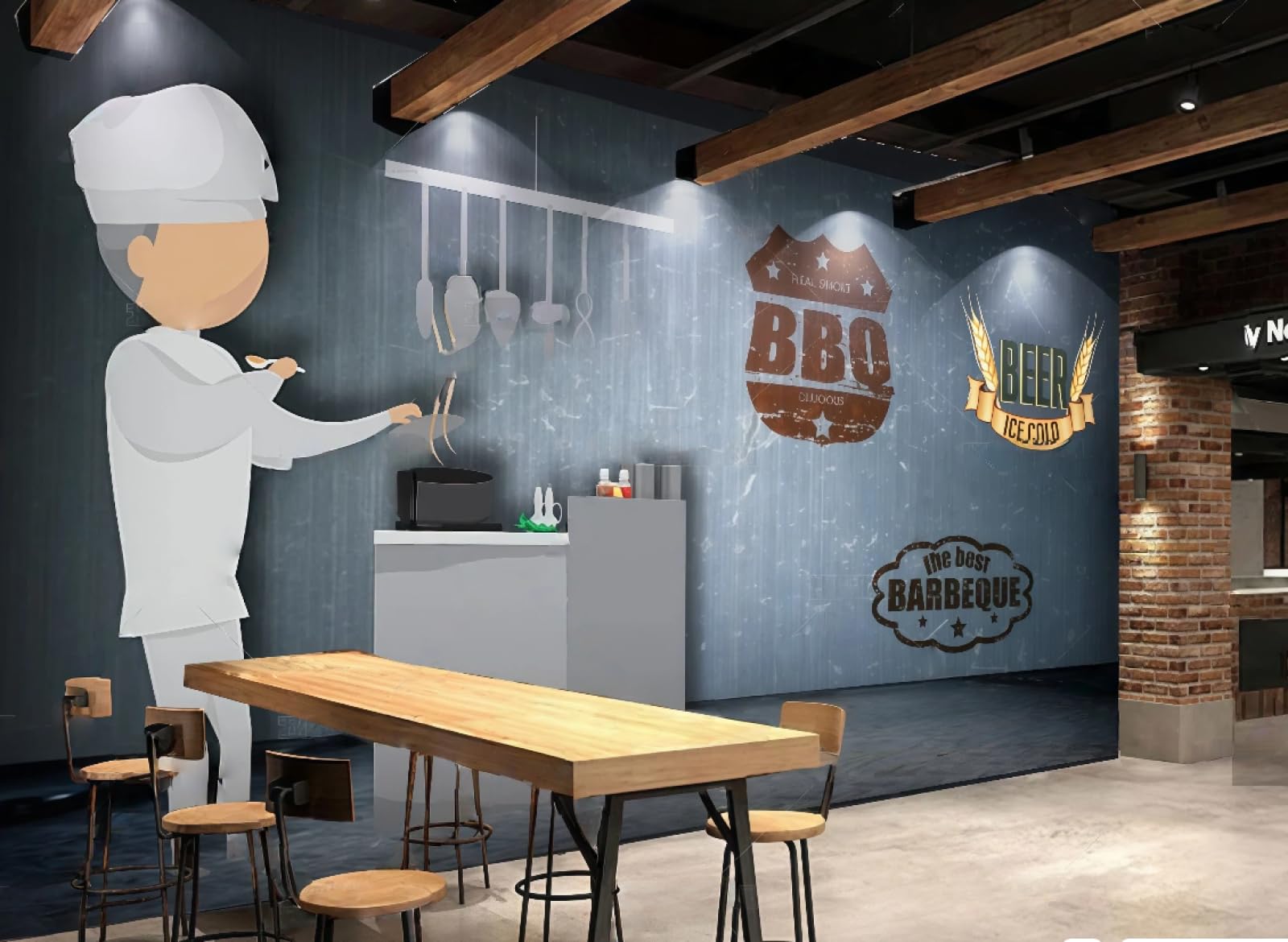 XDOUBAO Wallpaper Nostalgic Retro Noodle Shop BBQ Fast Food Restaurant Drinks Afternoon Tea Western Restaurant Background Wallpaper Coffee Shop Mural,3D,300x210cm