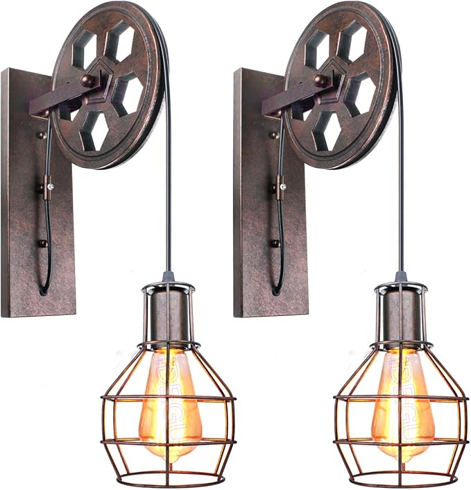 iDEGU IDEGU Industriële wandlampen, 2 stuks, vintage wandlampen in katrol ontwerp, retro lamp van metaal en hout, hanglamp voor slaapkamer, woonkamer, restaurant, café, hal, zwart roest