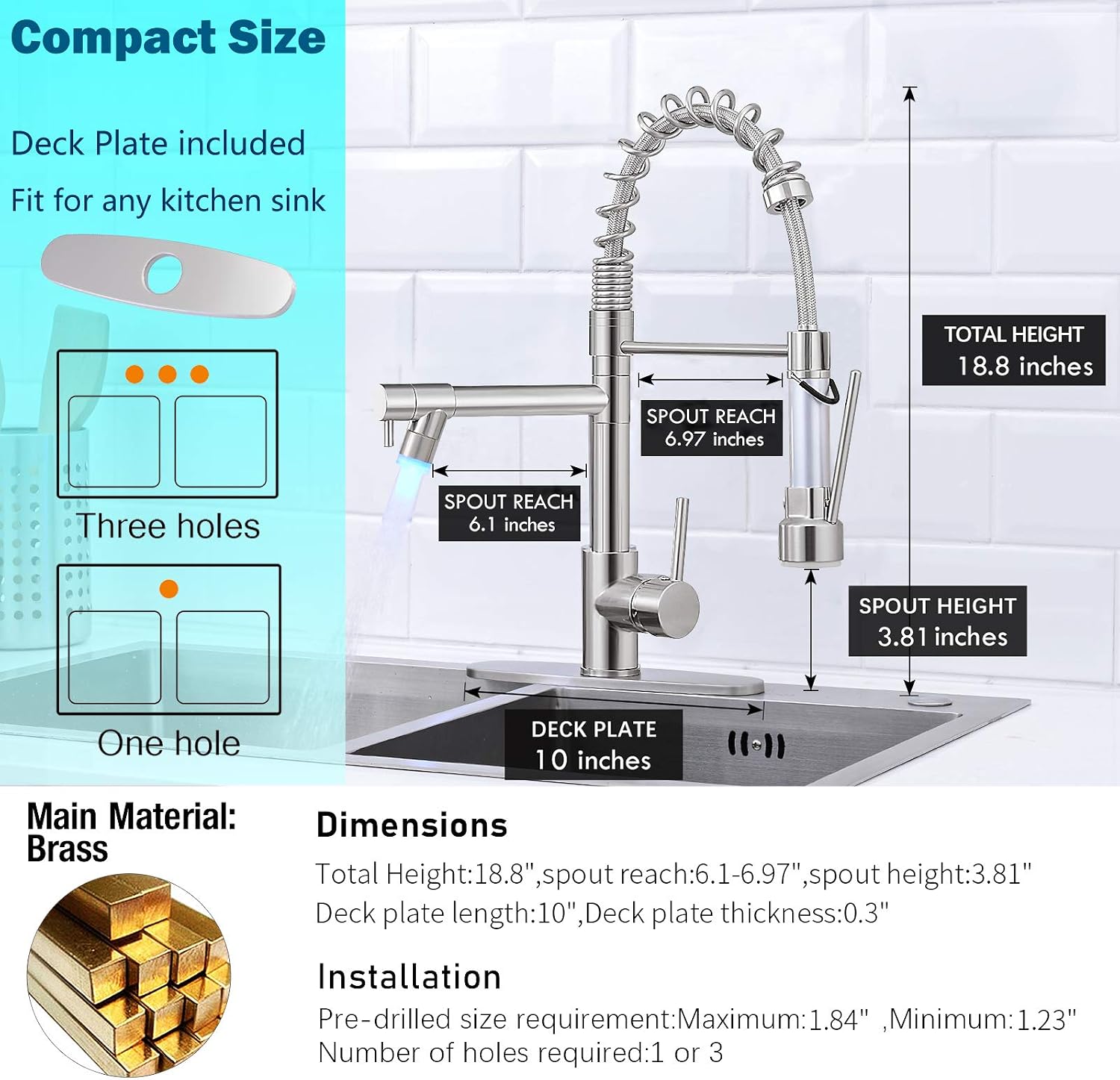 DJS Kitchen Faucet with Pull Down Sprayer, Faucet for Kitchen Sink, High Arch Stainless Steel Single Handle Spring Kitchen Faucets with Deck Plate for 1 or 3 Holes for Sink. DJS-CFLT-2020N-Lock-LED-DP