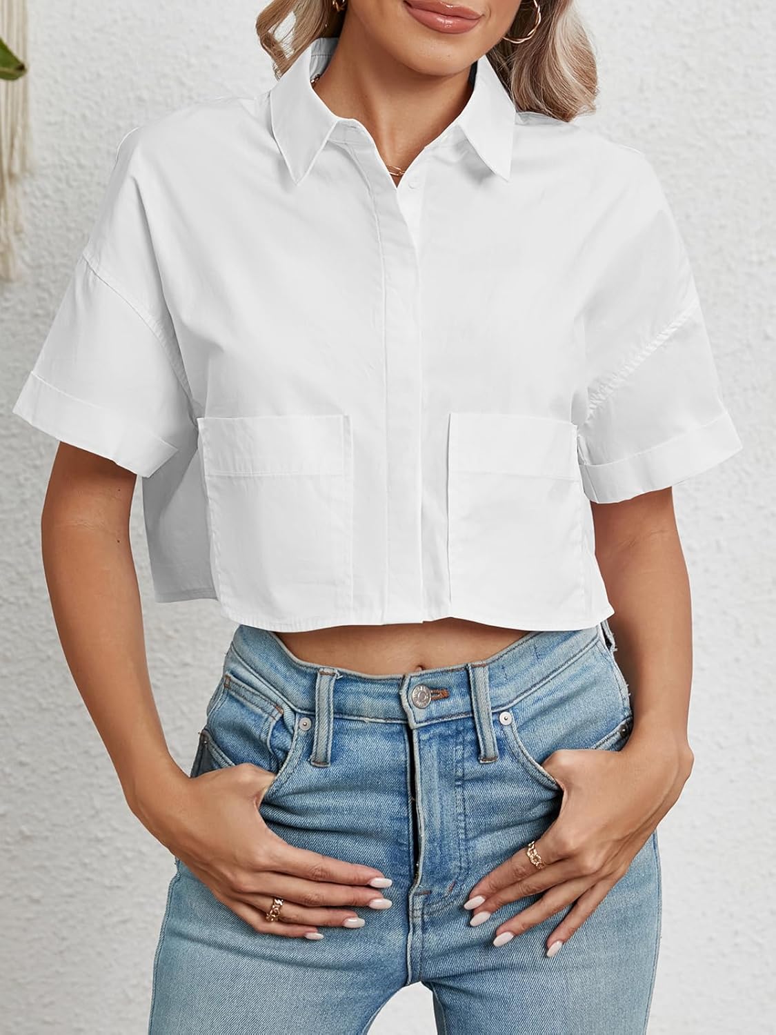 Tankaneo Womens Button Down Shirts Cropped Short Sleeve Casual Crop Tops Blouses with Pockets - Image 4