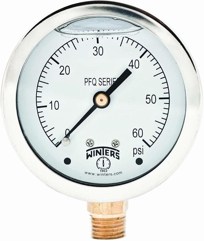 Winters 2-1/2" Dial Size, Liquid Filled Industrial Pressure Gauge, Brass Internals, 304 Stainless Steel Case, Single Scale 0-60 psi, 1.5% Acc, 1/4" NPT Bottom Mount, Glycerin Filled Pressure Gauge
