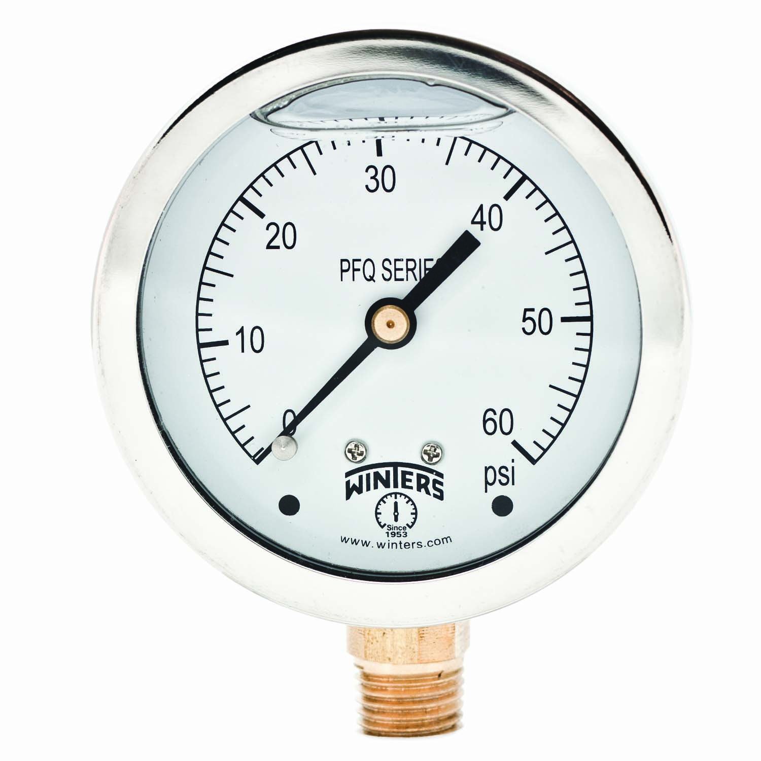 Winters 2-1/2" Dial Size, Liquid Filled Industrial Pressure Gauge, Brass Internals, 304 Stainless Steel Case, Single Scale 0-60 psi, 1.5% Acc, 1/4" NPT Bottom Mount, Glycerin Filled Pressure Gauge