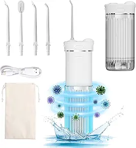 Travel Water Flosser, Mini Portable Oral Irrigator, Telescopic Water Tank, 4 Nozzles, IPX7 Waterproof, Travel Cordless Water Pick for Teeth, Gums, Braces,Dental Care for Home Travel (White)