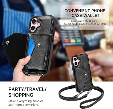 LUCKYCOIN iPhone 16用本革クロスボディウォレット電話ケース
