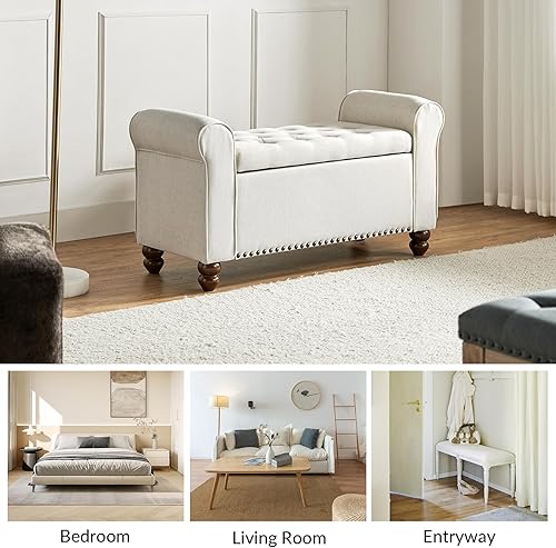 Miniatura 6 de HULALA Home Banco otomano de almacenamiento con reposabrazos enrollado, banco de cama con botones copetudos con patas de madera maciza, tapa