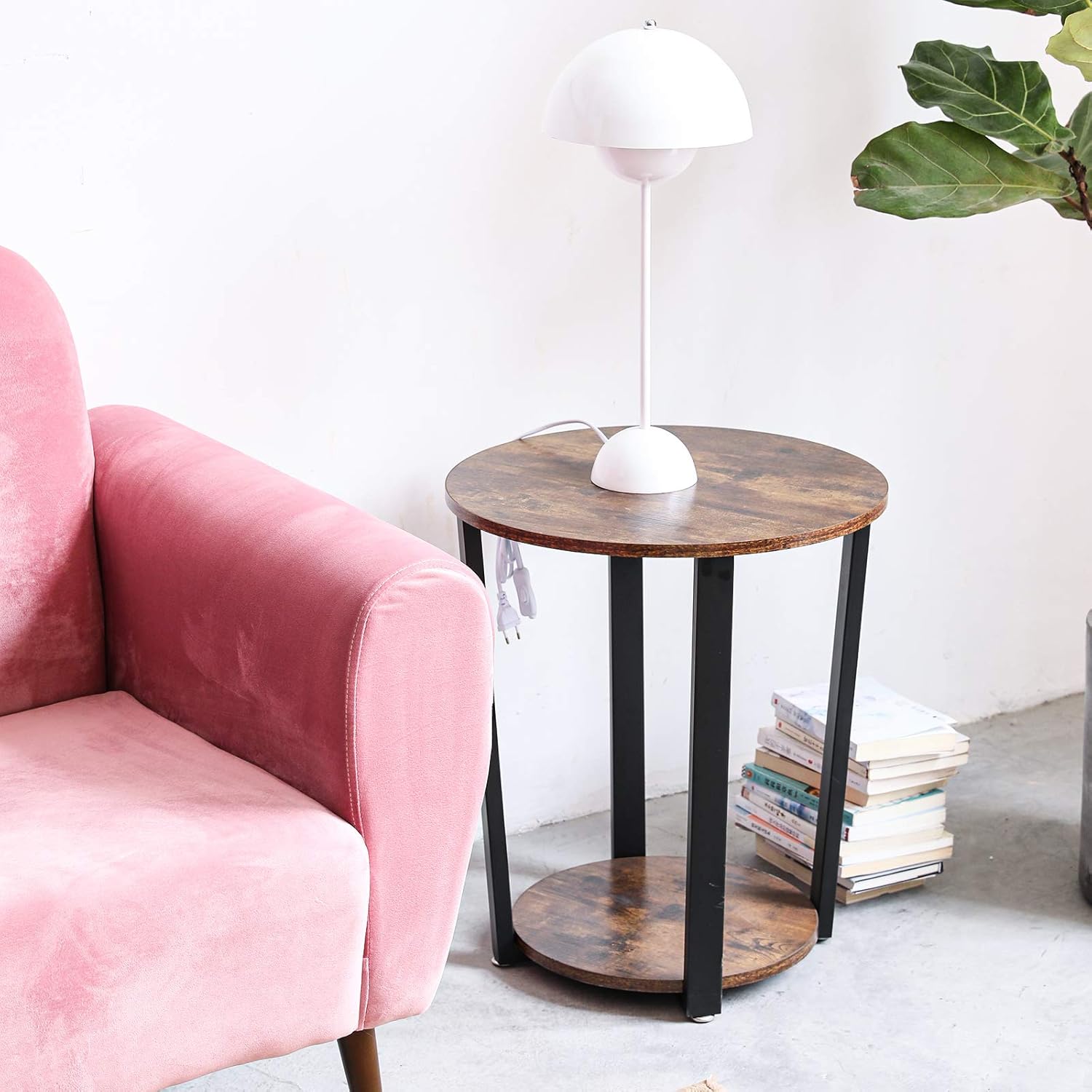 YMYNY Industrial End Table, 2 Tier Round Side Table with Sturdy Metal Frame, Vintage Nightstand for Living Room, Bedroom, Easy Assembly, Rustic Brown : Home & Kitchen