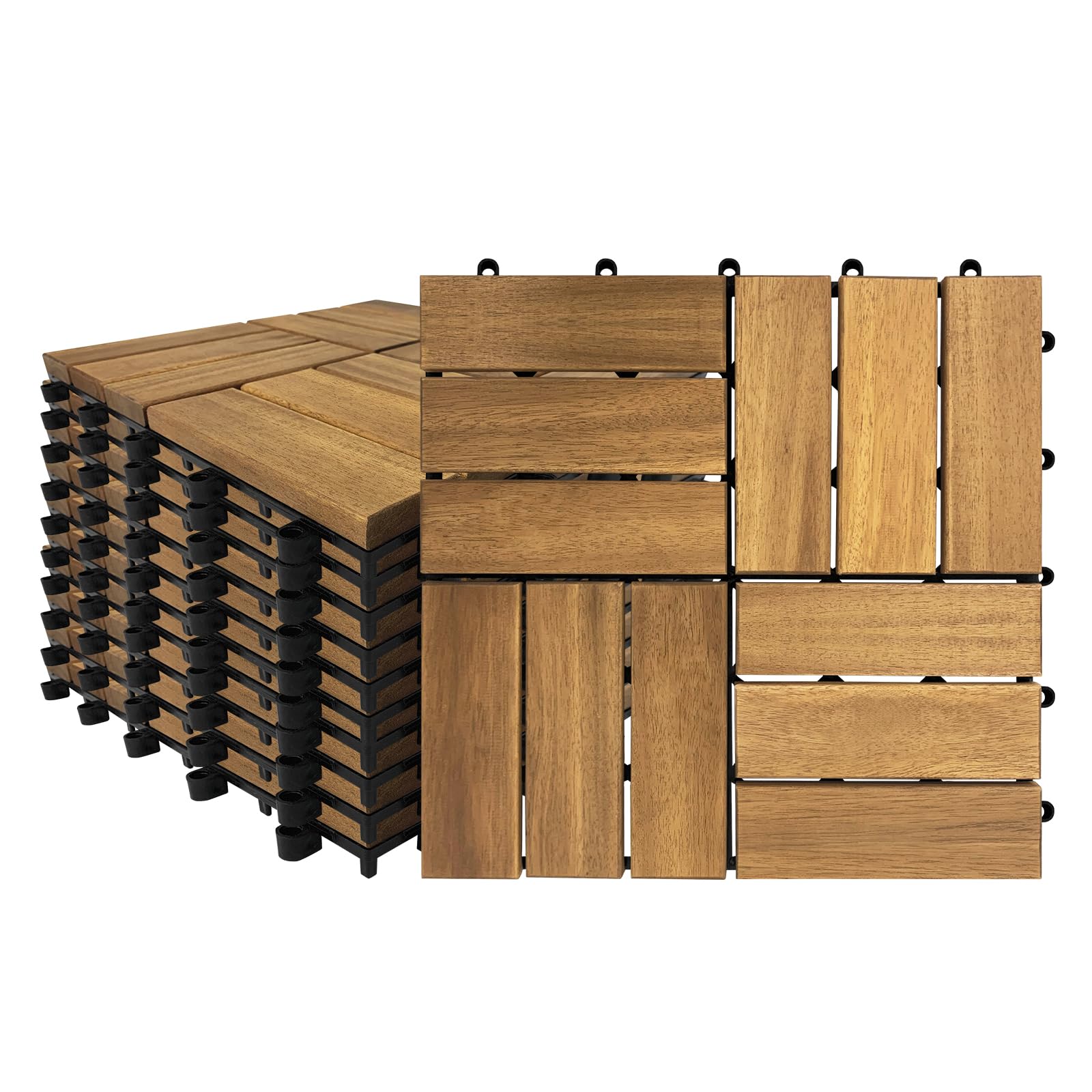 HENGMEI Acacia Wood Interlocking Patio Deck Tiles Set Wooden Balcony Tiles 30 x 30 cm with Click System Patio Tiles with Drainage (Model B, 33 PCS)