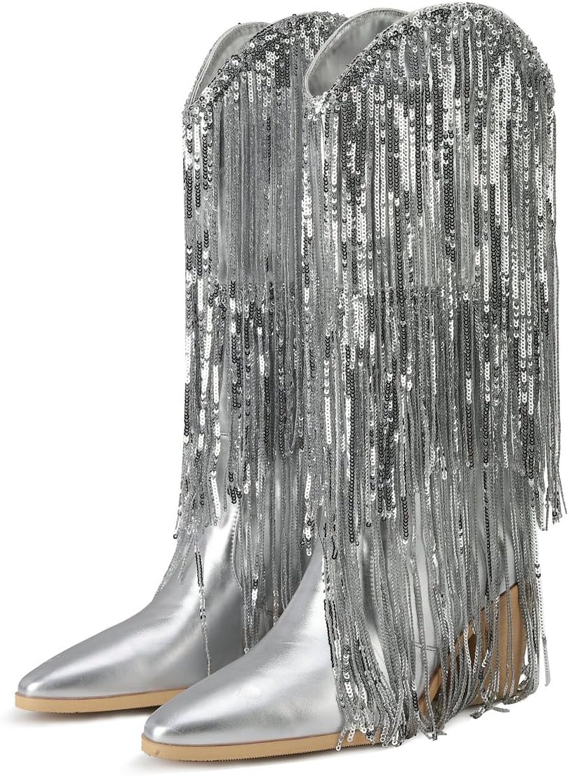 KOKOMOMO Sparkly Fringe Cowgirl Boots Pointed Toe Mid Calf Cowboy Boots Metallic Glitter Knee High Heeled Boots