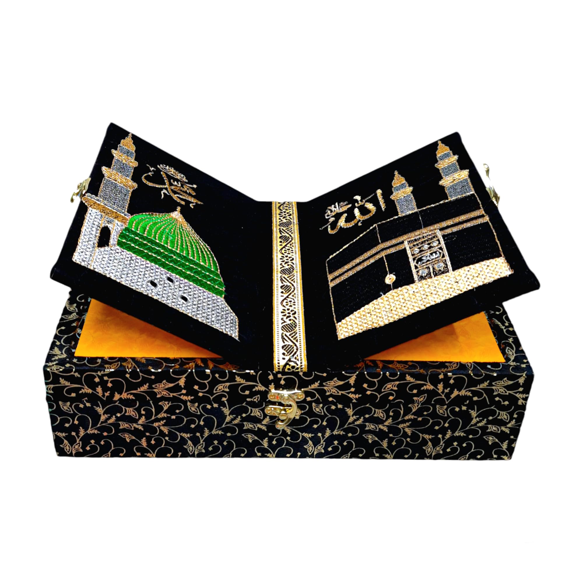 embroidery quran box attached with rehal stand (empty box) wooden, black embroidery texture book rest box