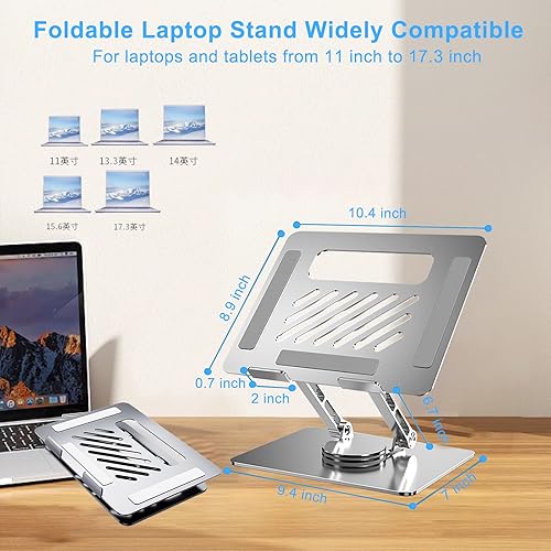 Miniatura 6 de Soporte de computadora portátil de altura ajustable para escritorio con base giratoria de 360, soporte plegable de aluminio para laptop, elevador