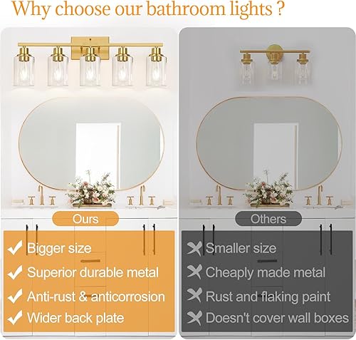 Miniatura 126 de Lámparas de baño de 3 luces, luces de tocador de latón para baño con pantallas de vidrio transparente, modernos apliques de pared de baño