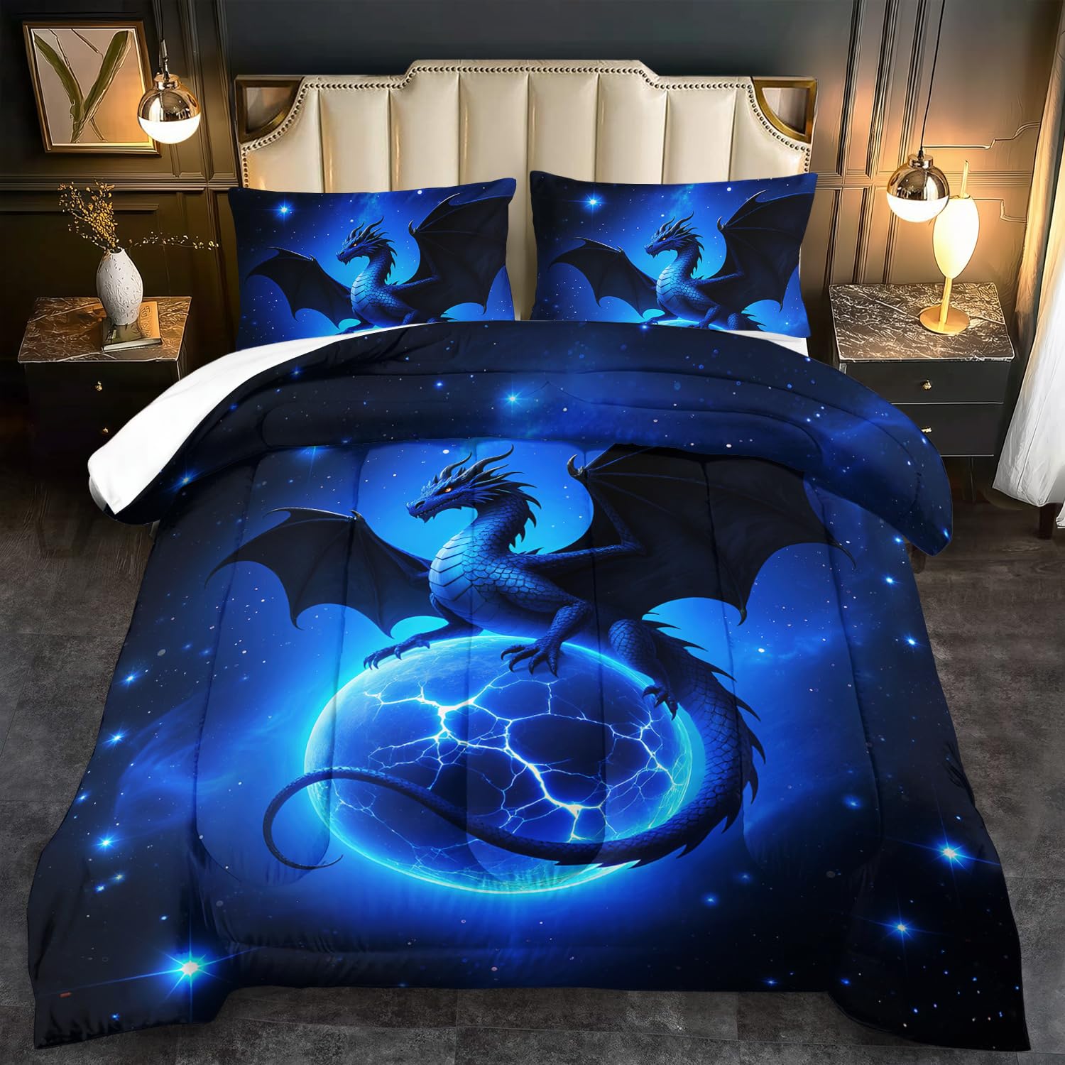Black Dragon Comforter Set Twin Size Bearded Dragon Bedding Set for Kids Boys Teens Space Comforter Twin Galaxy Bedding Galaxy Themed Bedroom Decor Western Magical Quilt
