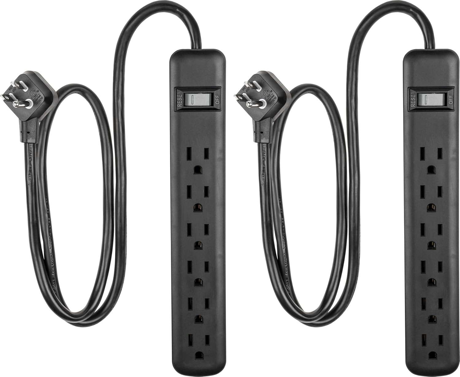 GE 6-Outlet Surge Protector 2 Pack, 3 Ft Extension Cord, Power Strip, 450 Joules, On/Off Switch, Integrated Circuit Breaker, Heavy Duty, Warranty, UL Listed, Black, 83969