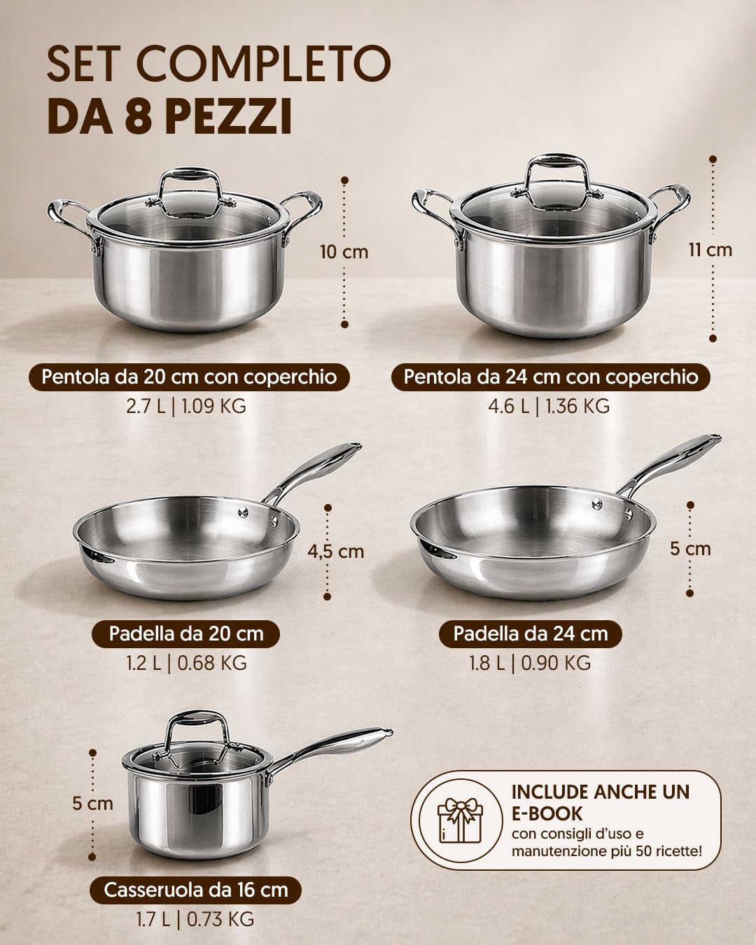 La Moustache - Set Pentole e Padelle 8 Pezzi in Acciaio Inox Senza Rivestimento, 3 Pentole con Coperchio in Vetro e 2 Padelle, per Induzione, Lavabile in Lavastoviglie, Ø16/20/24 cm (Titan Inox)