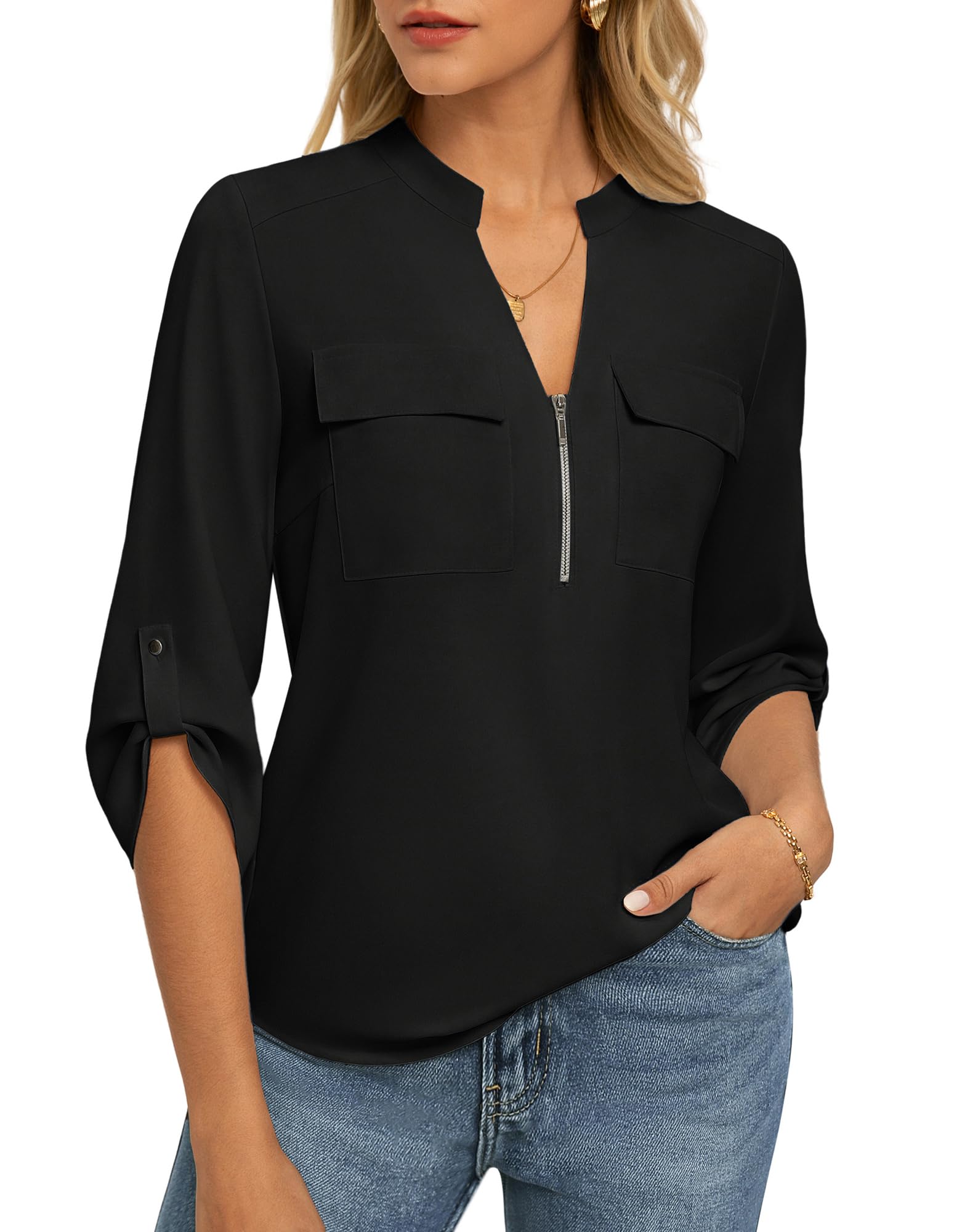 GRACE KARIN Camicetta estiva da donna con maniche a 3/4, scollo a V, vestibilità ampia, casual, con tasche, per lavoro e ufficio