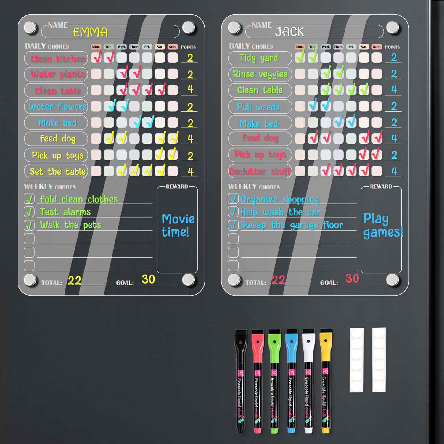 Magnetic Chore Chart for Kids 2 Pcs, 2030 cm Acrylic Reward Charts for Two Children, Weekly Behavioir Chart for Teens Multiple Kids, with 6 Markers for Refrigerator, Board for Behave and Goals