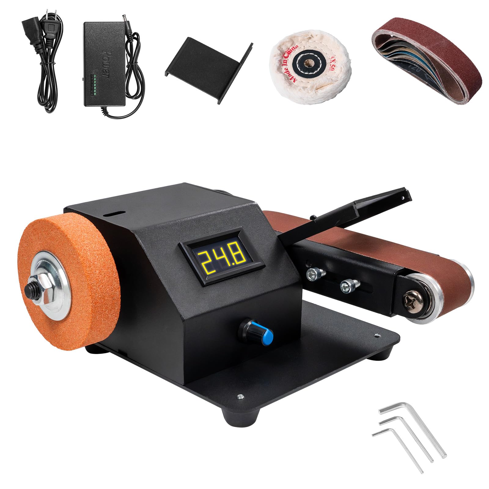 YZCHAIN Mini Belt Sander with 10 Abrasive Belts, Angle Adjustable Bench Belt Grinder, Variable Speed Control & Digital Display, 350W Power Sander for