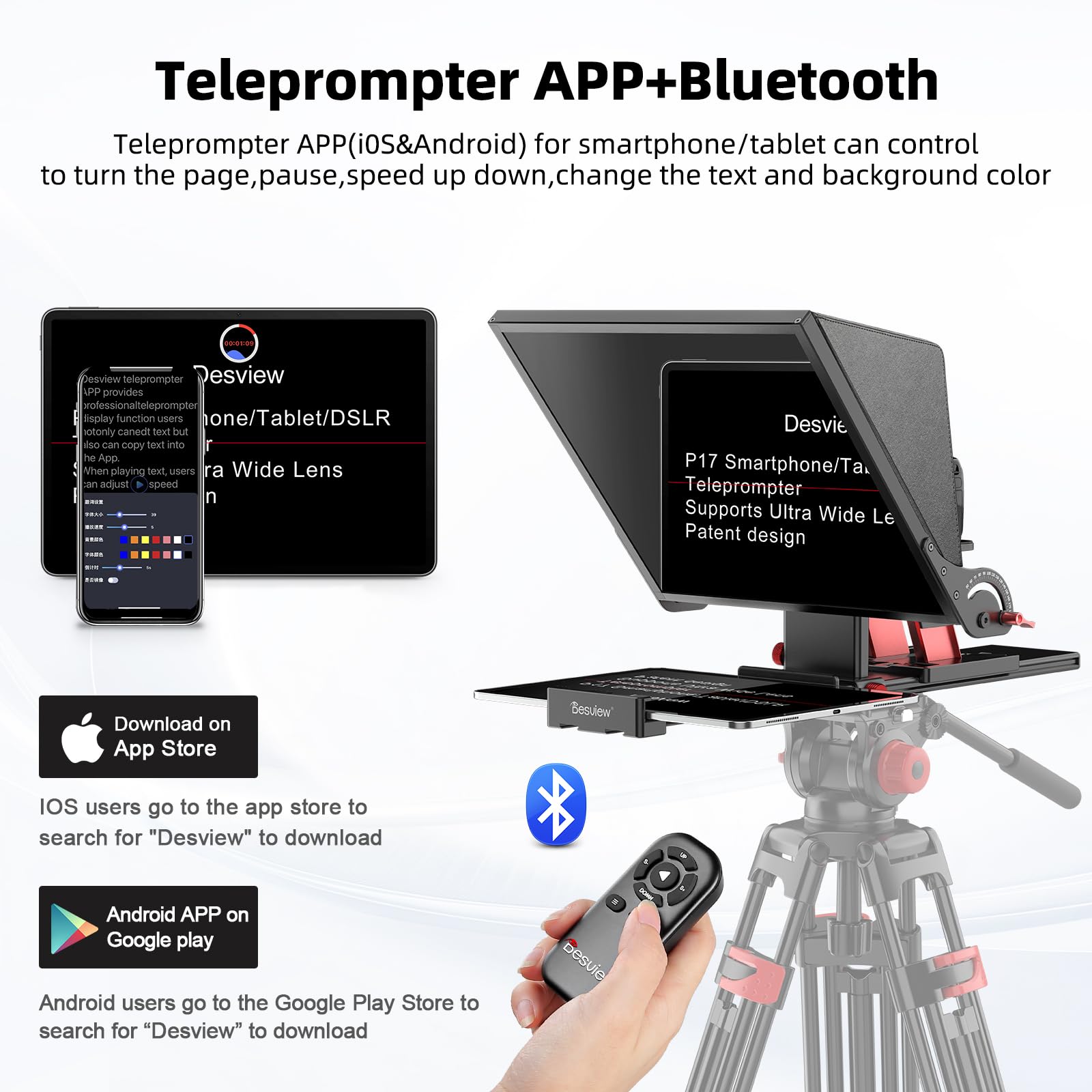 Desview P15 Aluminiumlegierung Hebbarer Teleprompter, 15 Zoll Prompter für iPad Tablet Smartphone DSLR Kamera, Kompatibel mit iOS Android, Fernbedienung und App für Videoaufnahmen, Live-Streaming